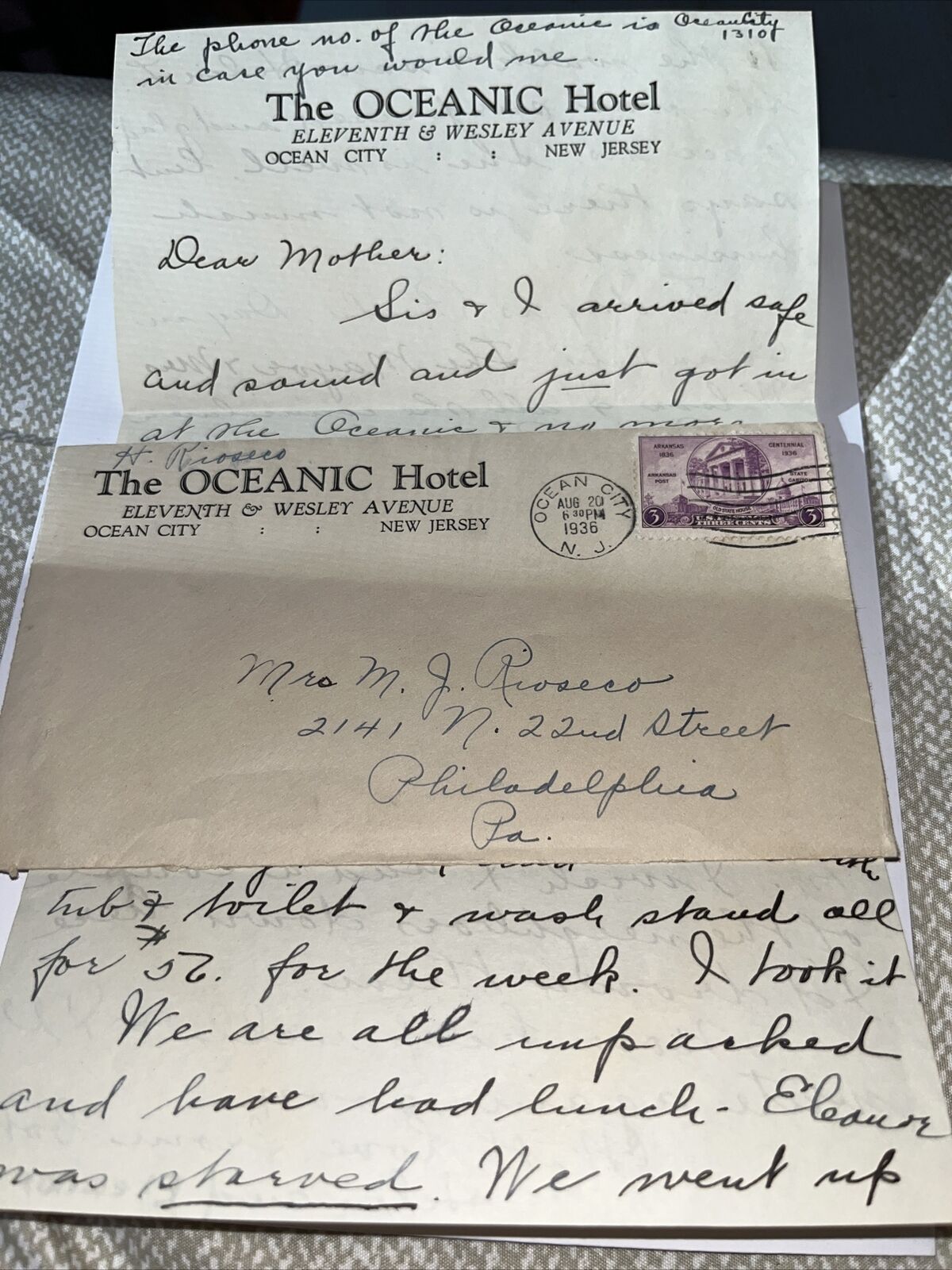 Antique 1936 THE OCEANIC HOTEL LETTERHEAD - Philadelphia Day in OCEAN CITY NJ