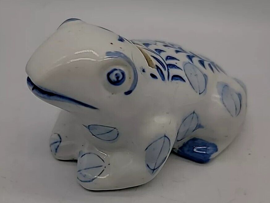 Vintage Frog Coin Bank Italian Art Pottery Floral Flo Blue Hand Painted  5\