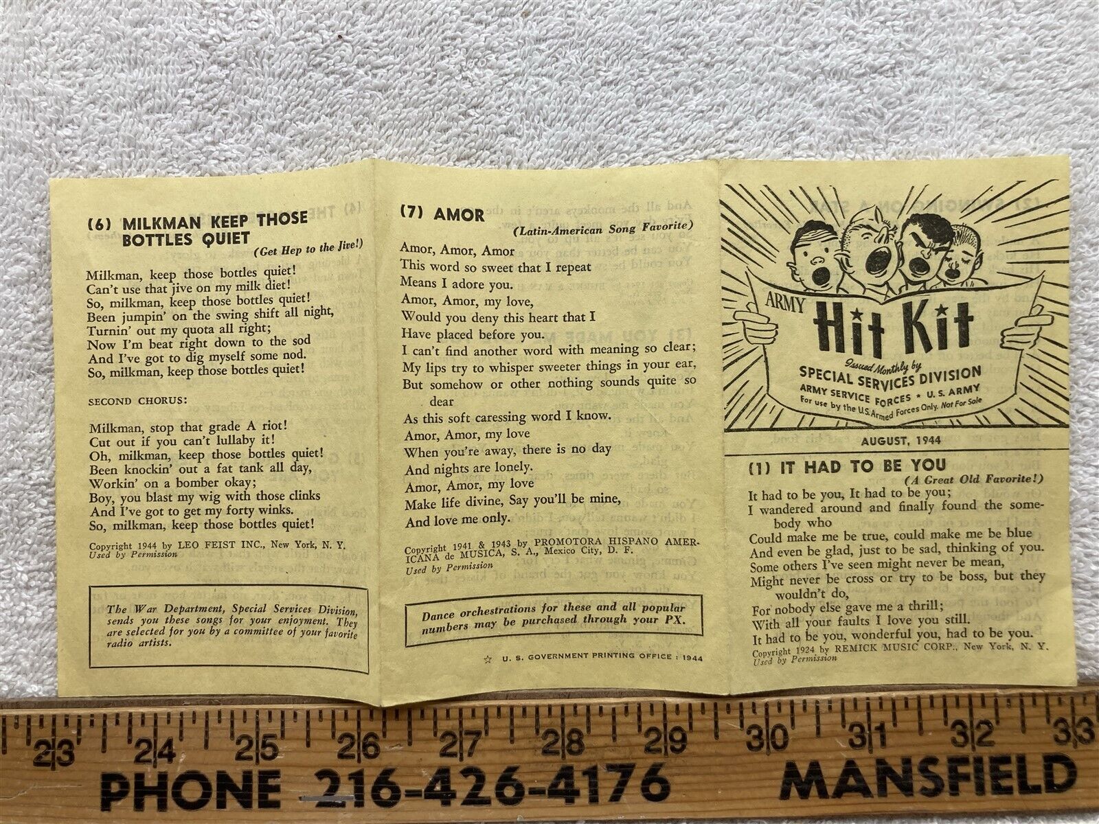 1944 August Army Hit Kit Song Lyrics Print Sheet WWII Soldier 