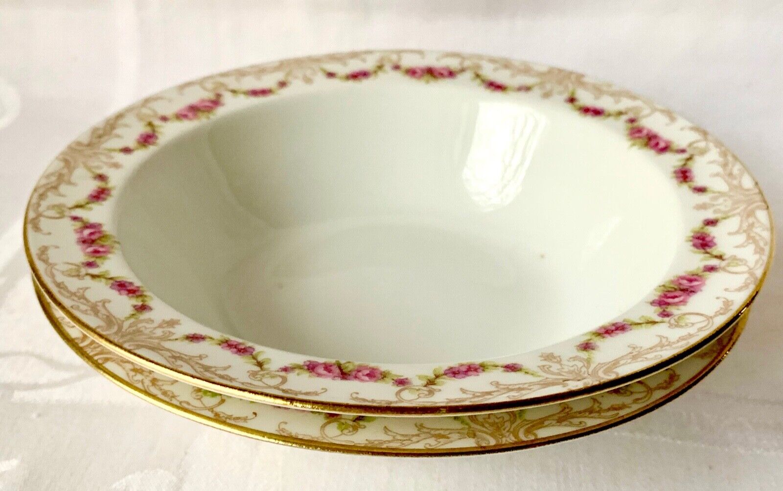 TWO LOVELY c1900 B&D BAWO & DOTTER ELITE LIMOGES BOWLS, PINK ROSES, SWAGS