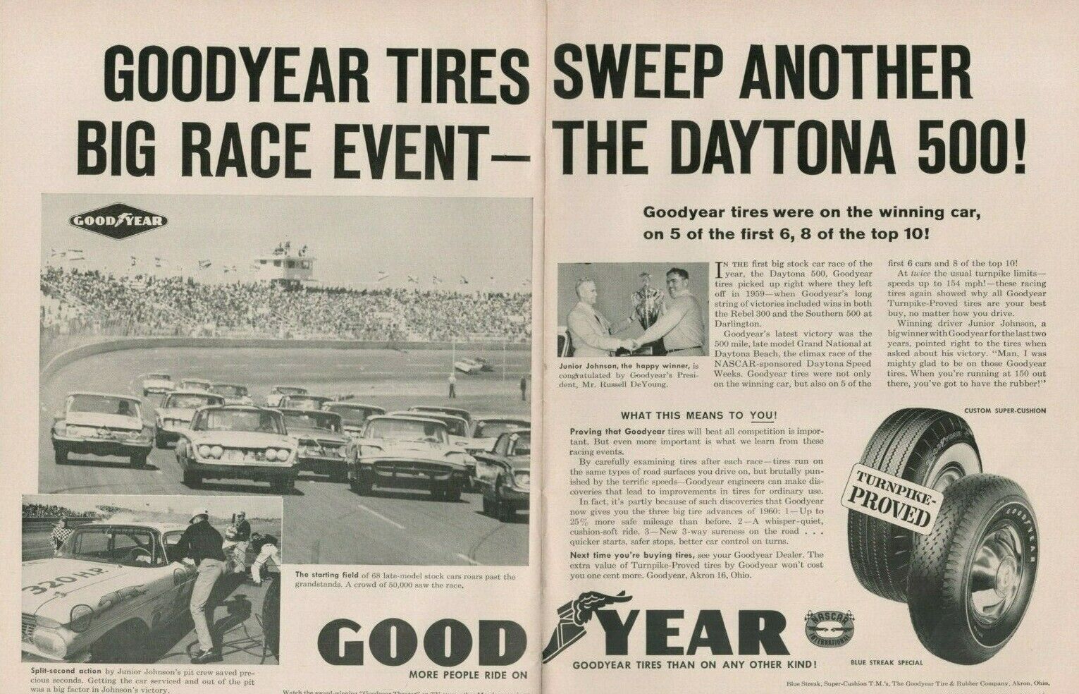 1960 Junior Johnson Daytona 500 Race Winner Goodyear Tires - 2-Page Vintage Ad