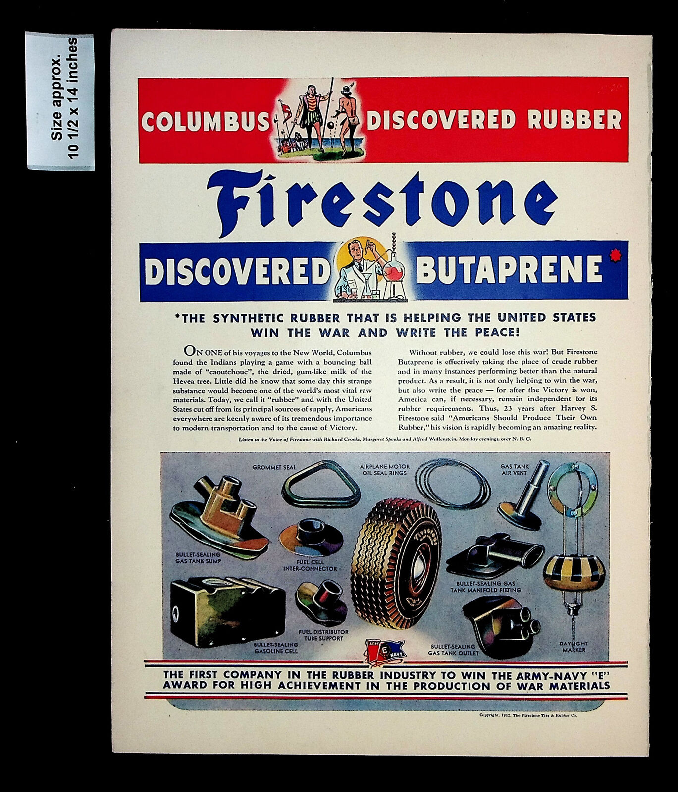 1943 Firestone Butaprene Synthetic Rubber Tires Columbus Vintage Print Ad 32864