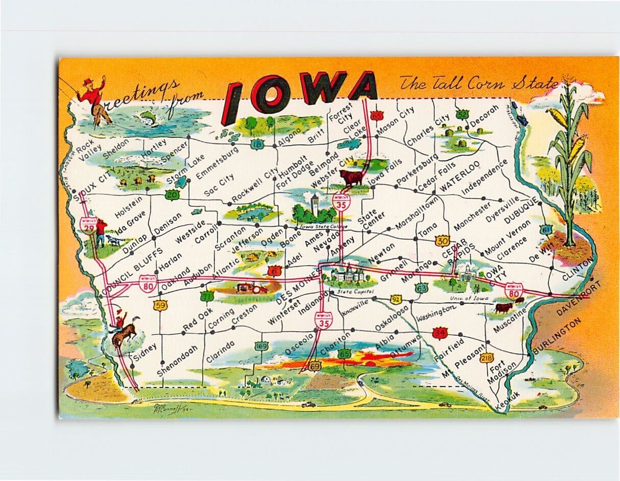 Postcard Iowa Map Greetings from Iowa the Tall Corn State Iowa USA