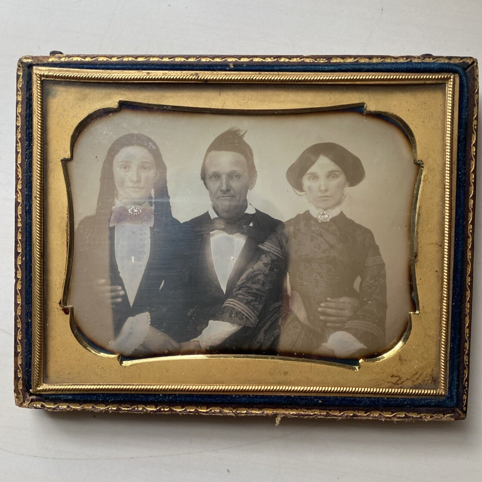 Antique Daguerreotype Photo Of Man Holding Two Women Prostitutes? Galveston TX