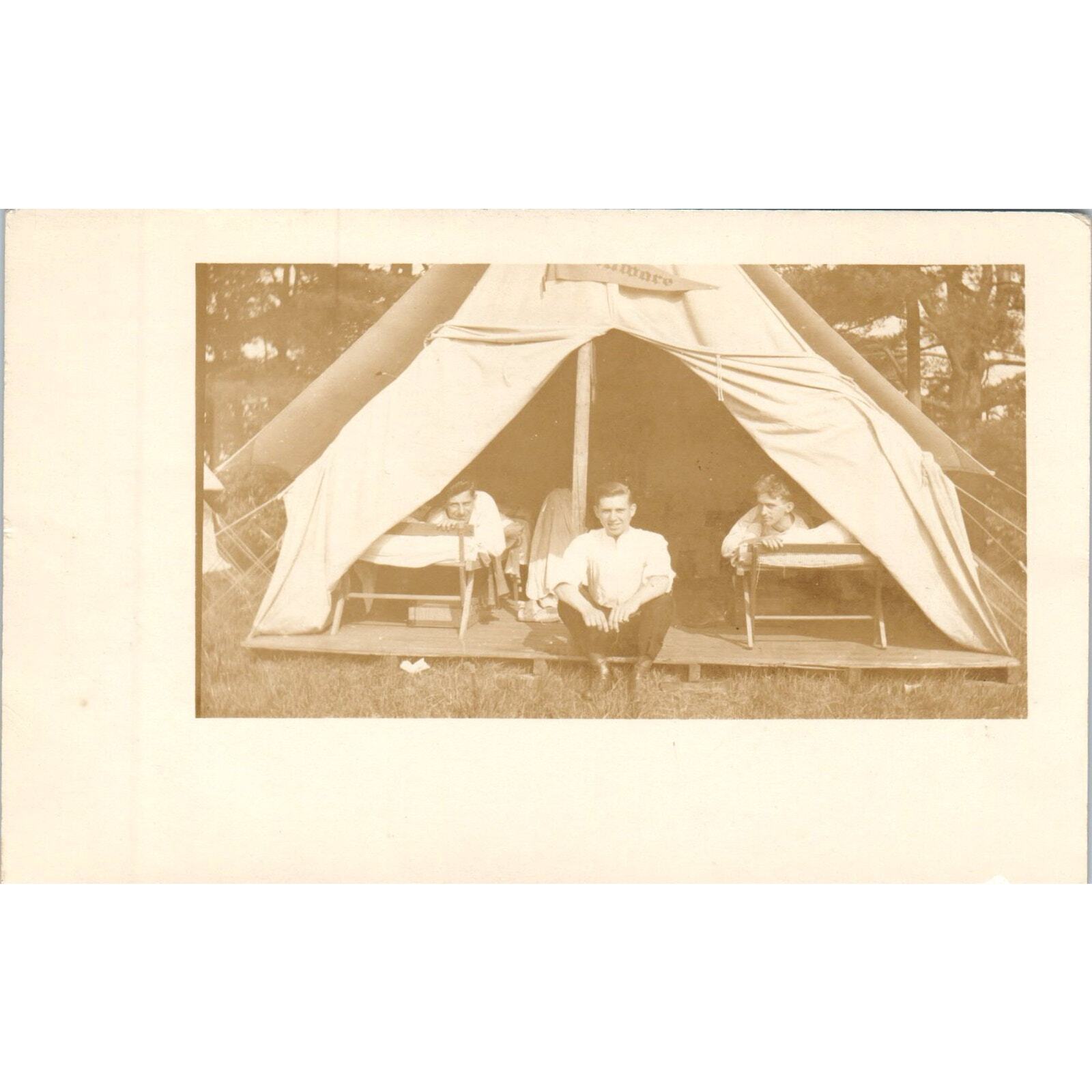 c1910 Edwardian RPPC Young Men Camping in a Tent Vintage Postcard PE4