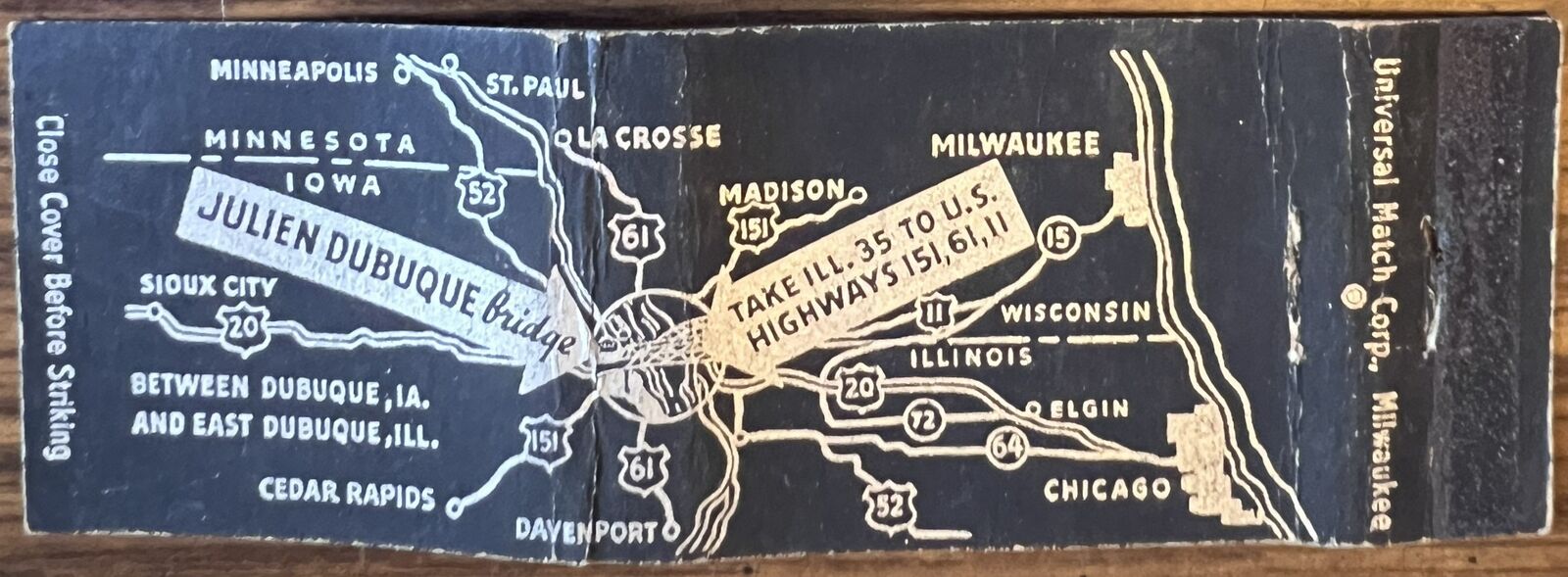 Julien Dubuque Bridge IA Iowa IL Illinois Vintage Full Length Matchbook Cover