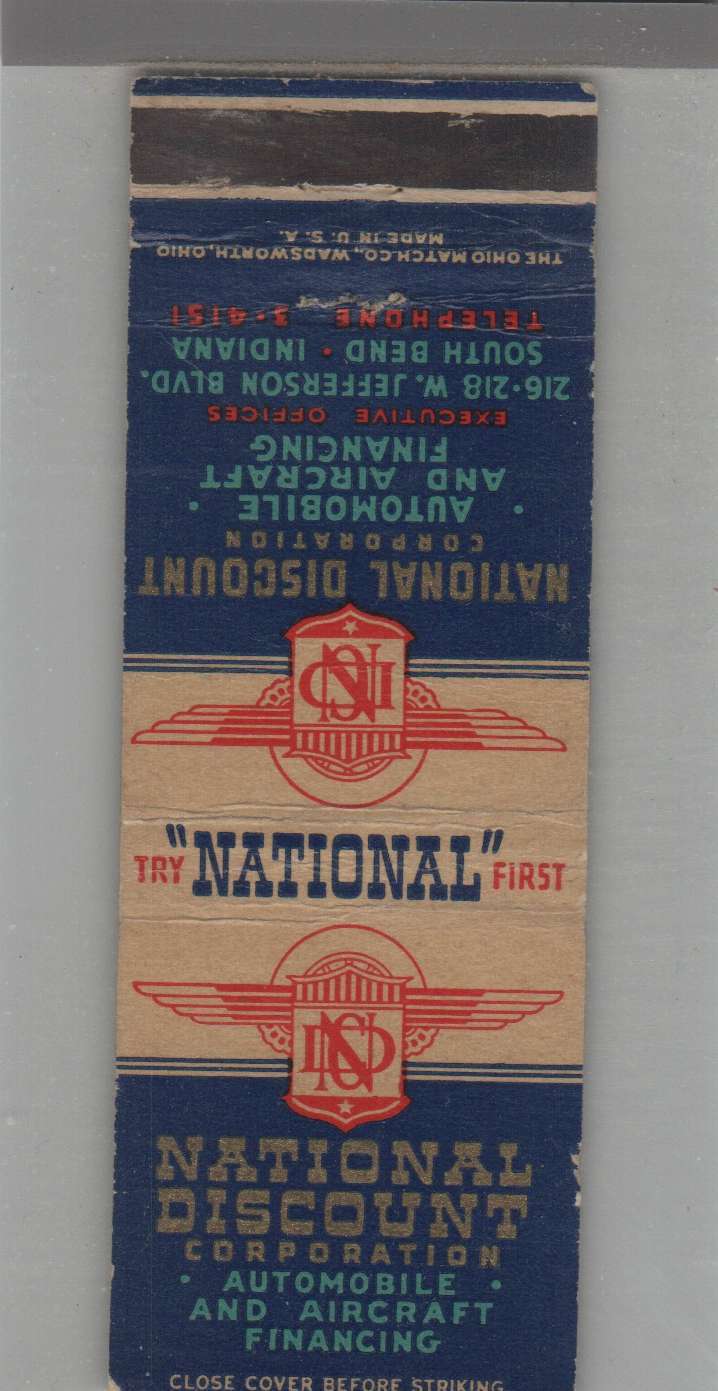 Matchbook Cover - Indiana National Discount Auto & Aircraft Financing South Bend