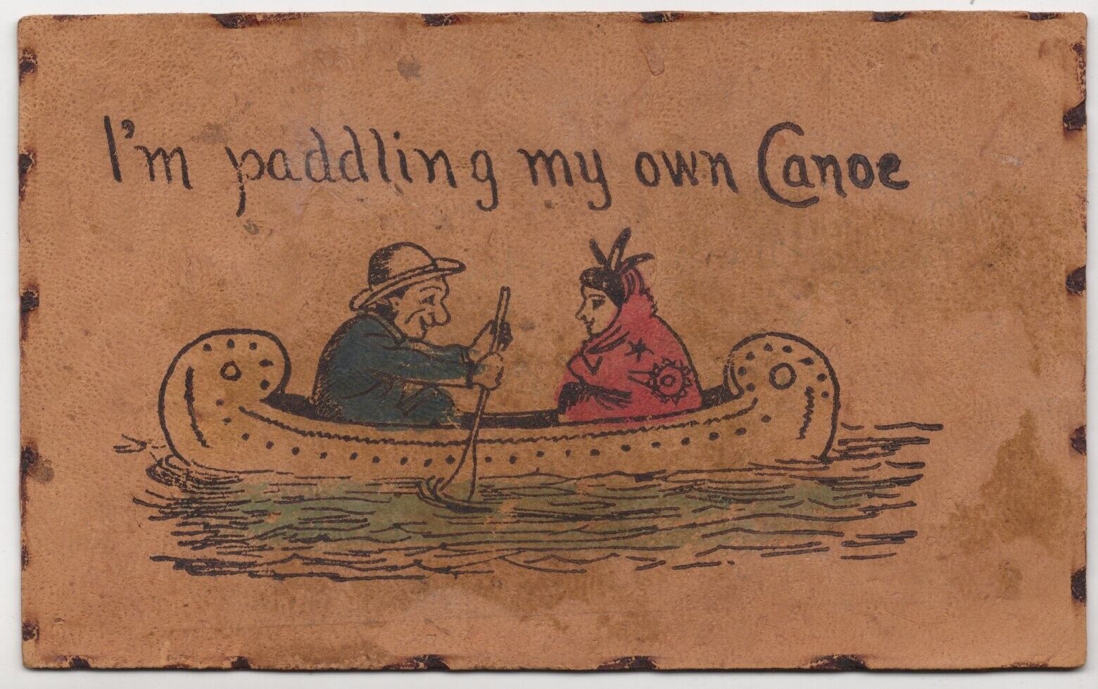 Antique Leather Postcard I\'m Paddling My Own Canoe Humor