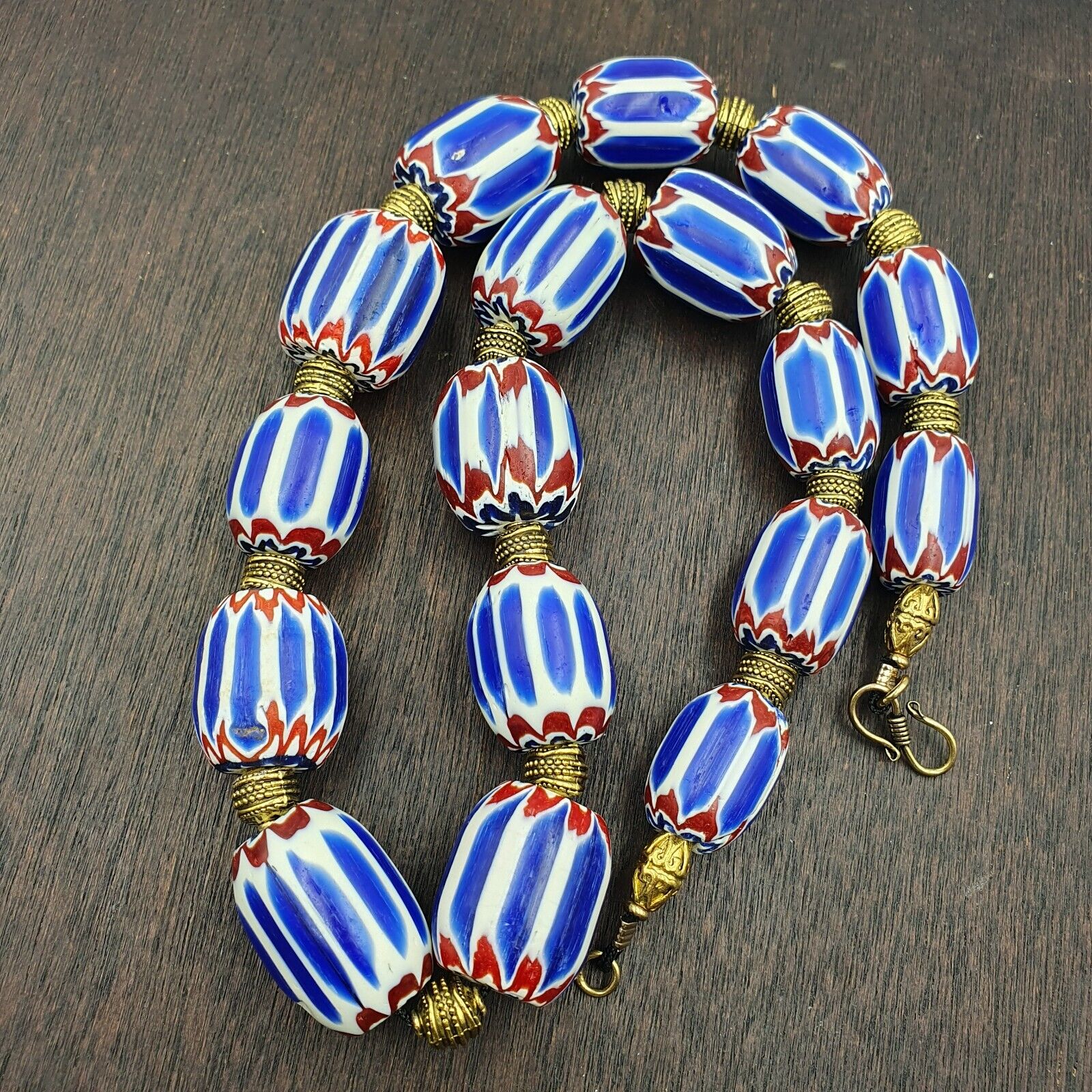 AA Vinatage Venetian inspired Trade  Blue Chevron Glass Beads Necklace NCH-1