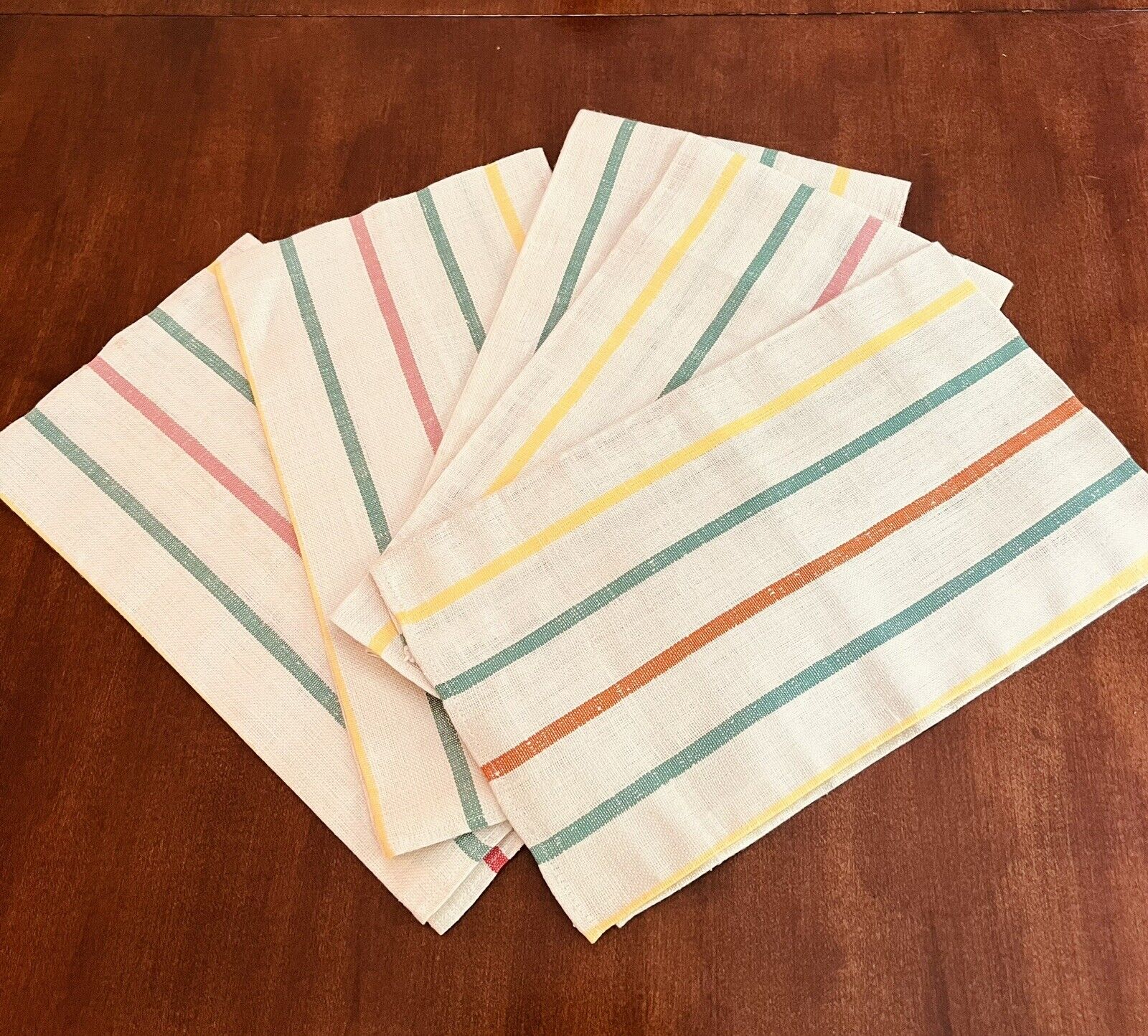 Lot Of 5 Unused Vintage Linen Kitchen Multicolored Striped Towels NOS 15”x 27”