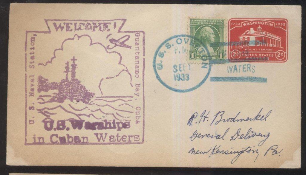 U.S. NAVY Envelope Cachet U.S.S. Overton in Cuban Waters Postmarked Guantamo Bay