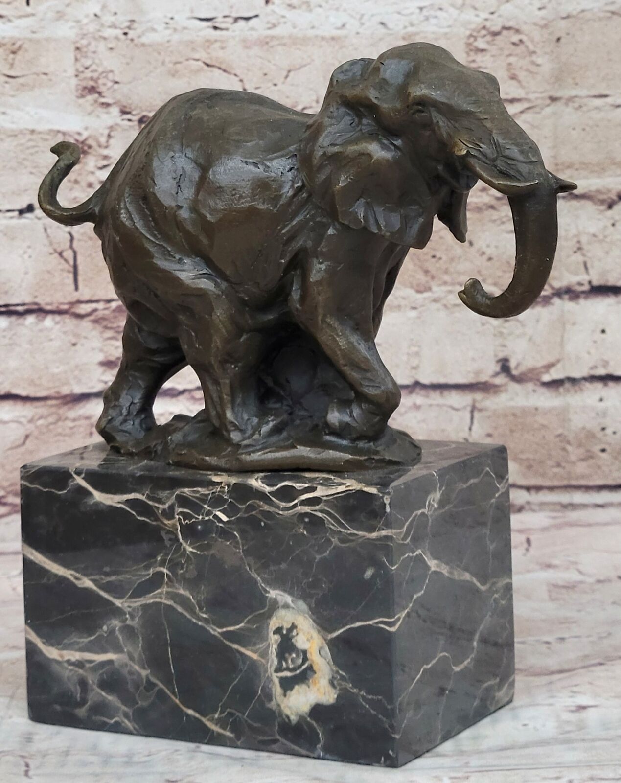 Bronze Metal Elephant Figurine Figure Statue Sculpture on Marble Base Signed Art
