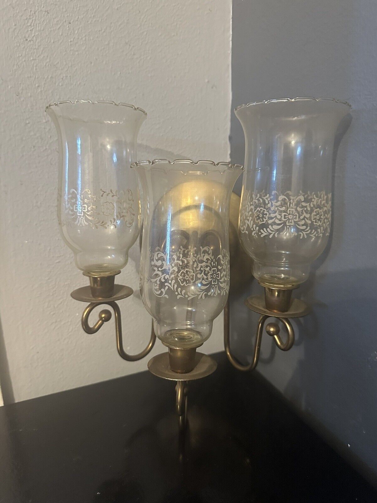 Pair Of Vintage Brass Triple Candle Holders With Etched Glass Globes