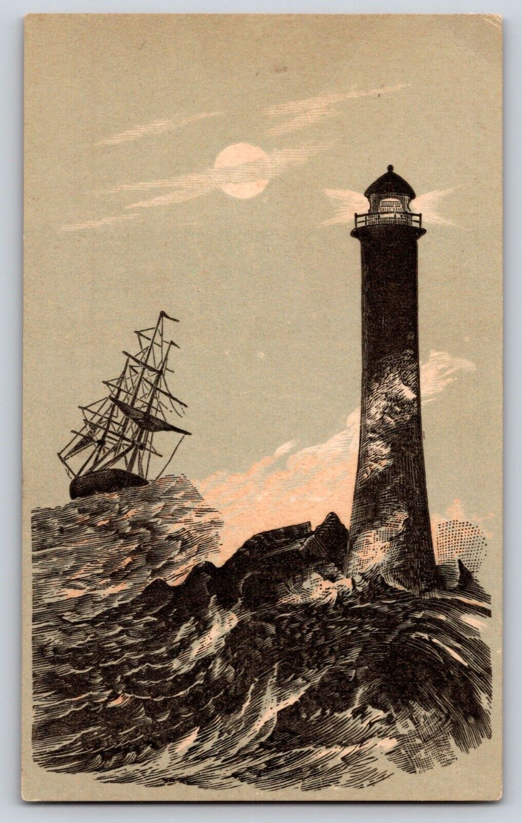 Victorian Trade Card Lithograph Lighthouse Ship Waves Crashing Storm 1880\'s