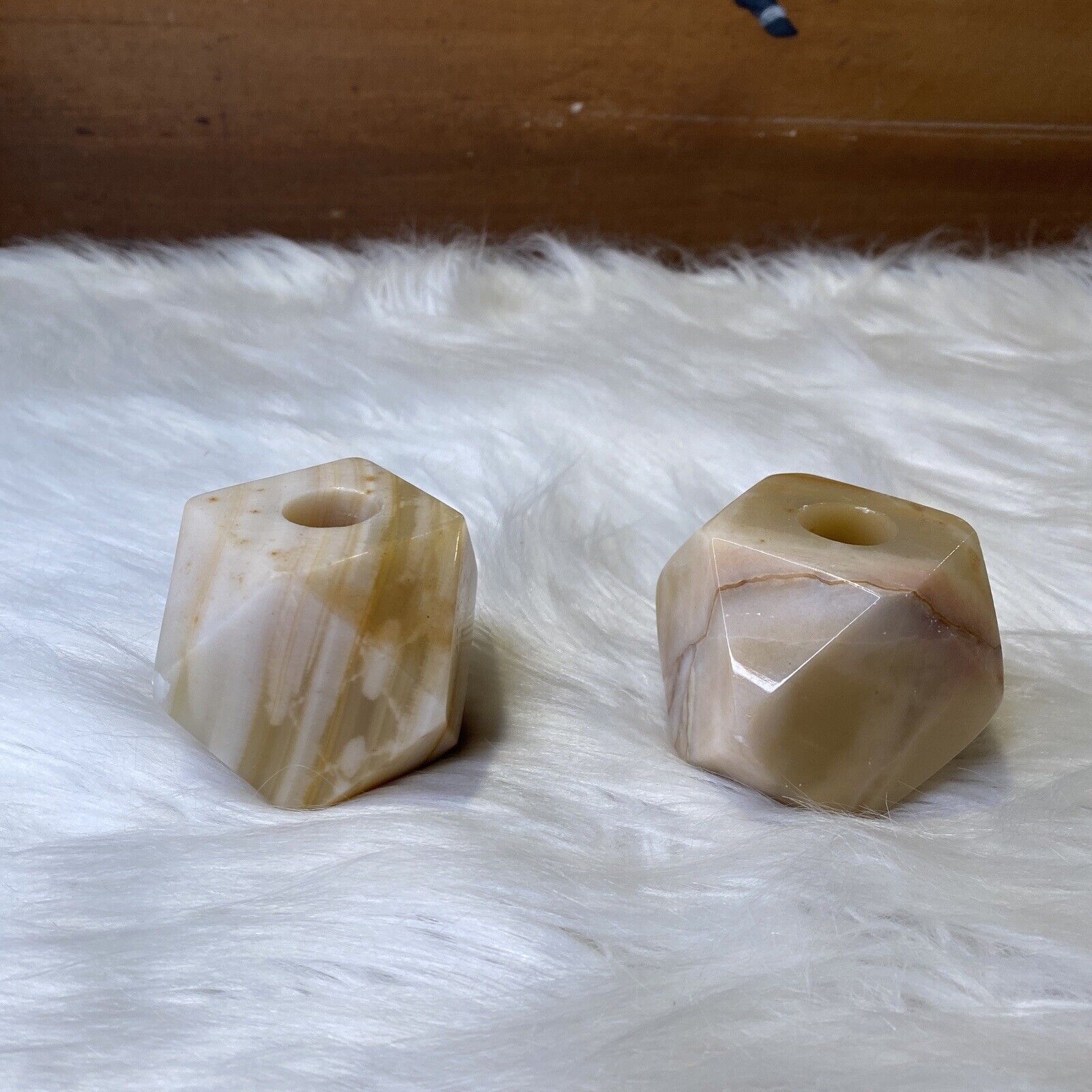 Pair of Vintage Onyx Alabaster Hexagonal Taper Candle Holders Neutral Boho Decor