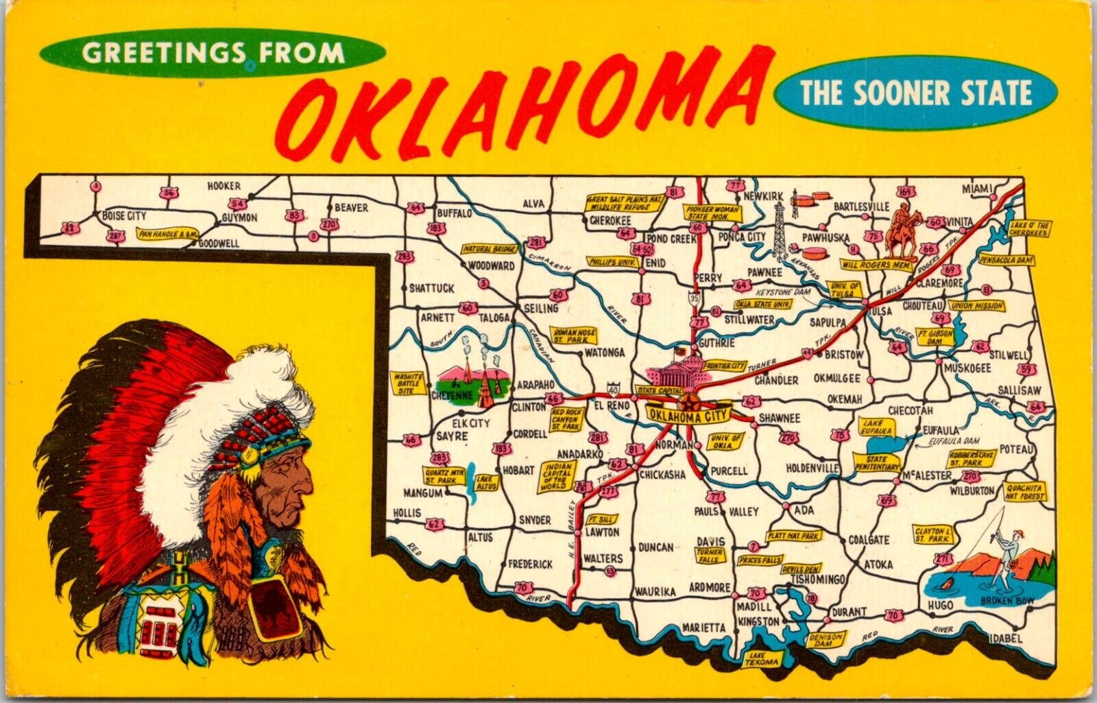 OK Greetings Sooner State Map Cities Native Americans Fishing Oil Postcard  