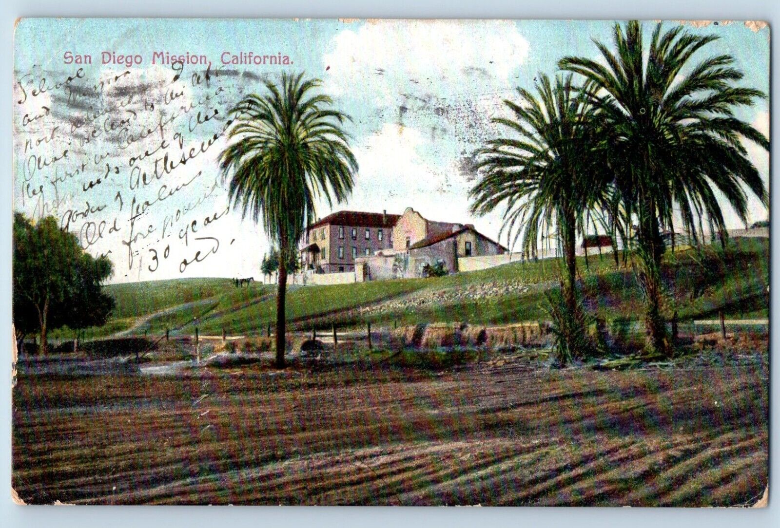 San Diego California CA Postcard Mission Exterior Field Building c1911 Vintage