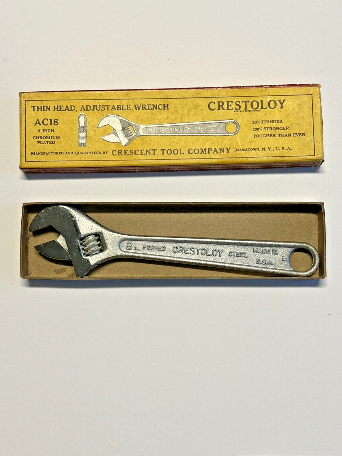 Vintage “Crestoloy” Crescent AC18-8 Inch Thin Head Adjustable Wrench; NOS Unused