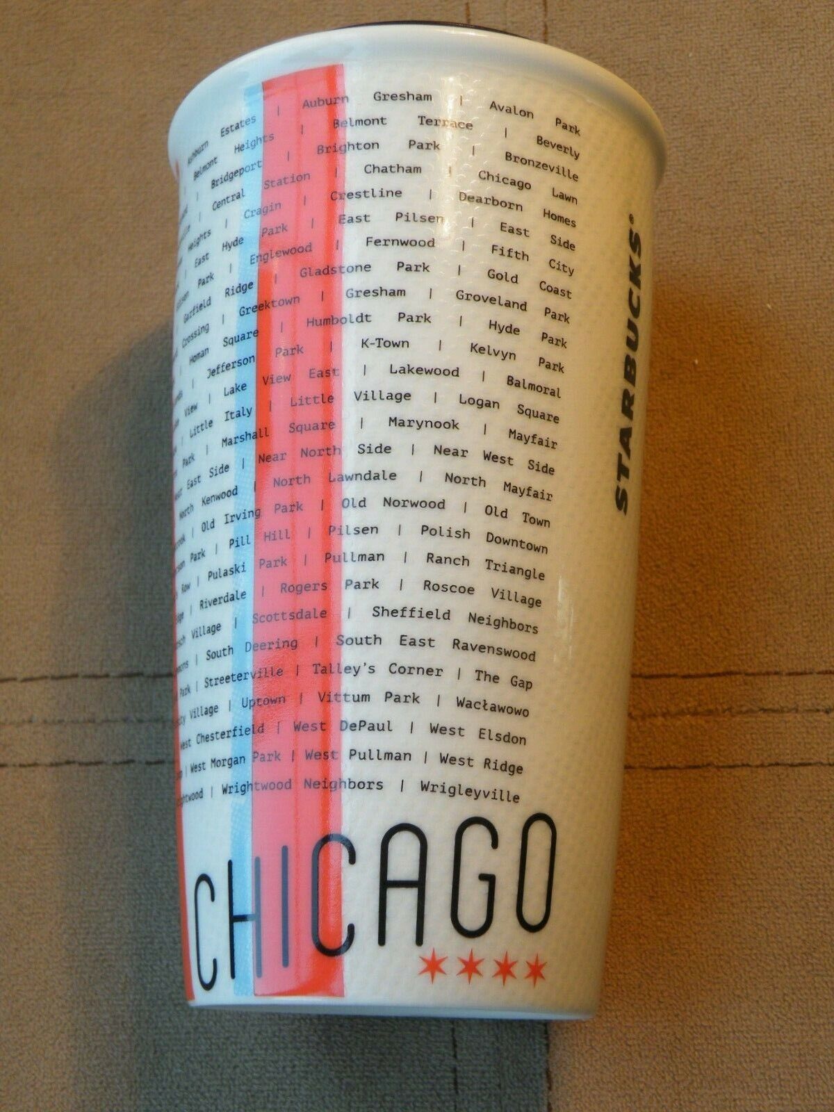Starbucks CHICAGO NEIGHBORHOODS Ceramic TRAVEL TUMBLER w LID 12oz 