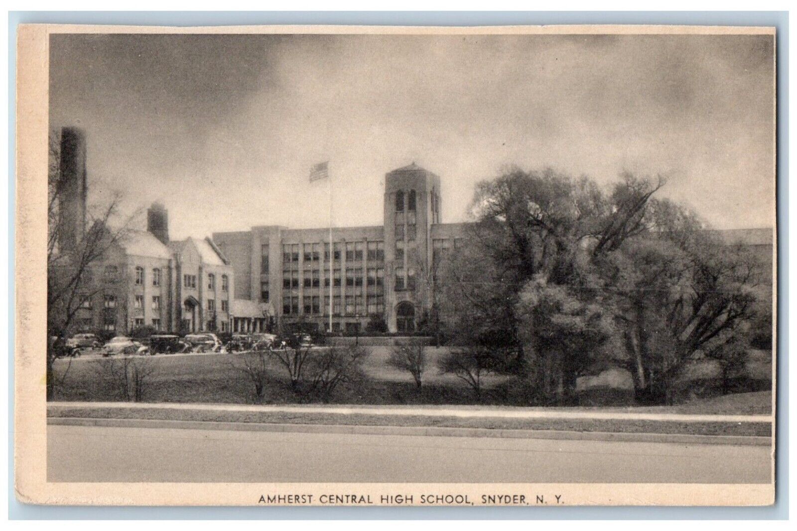 Snyder New York NY Postcard Amherst Central High School Building Cars c1930\'s