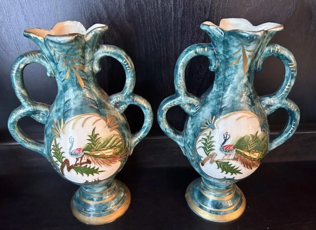 Vtg Fairyland Vase Pair Import Hand Painted Japan Peacock Teal Double Handle 8”