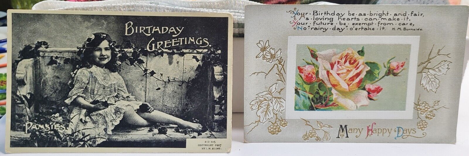 2 Antique Birthday Greetings POSTCARDS Little Girl Roses