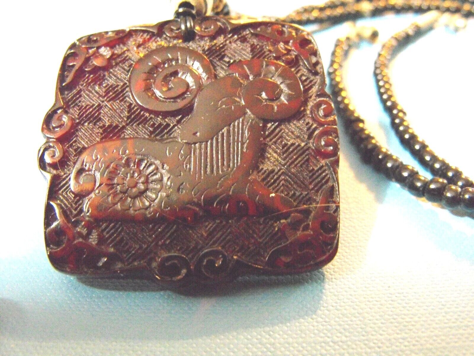 Vintage Chinese Zodiac Sign Sheep Ram Pendant Faux Tortoise & Seed Beads