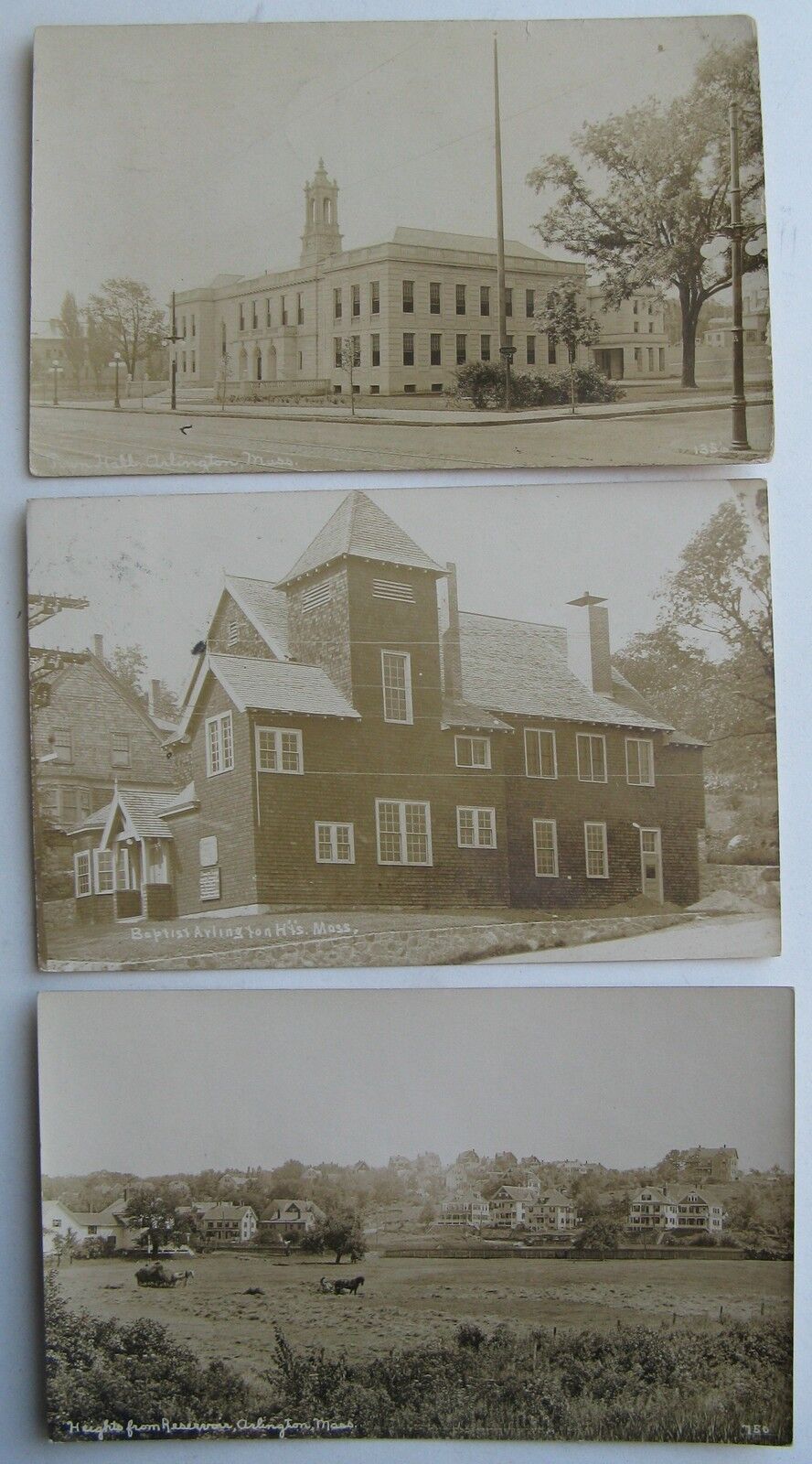 Arlington, Ma. 3 Real Photo Postcards 1910-1920 BAPTIST, HEIGHTS, TOWN HALL  