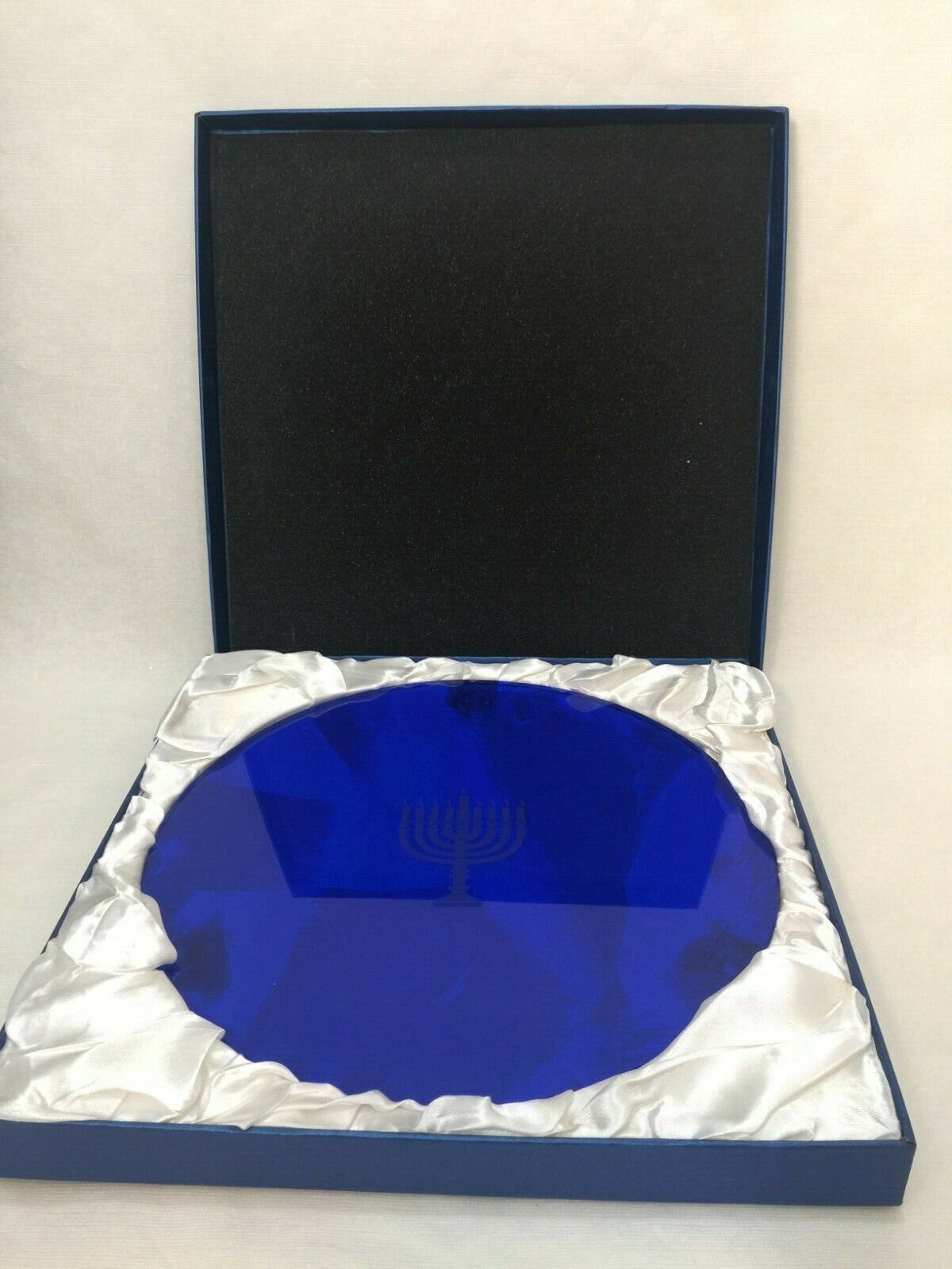 New Cobalt Crystal Blue Menorah Etched Cake Plate, 12 3/4