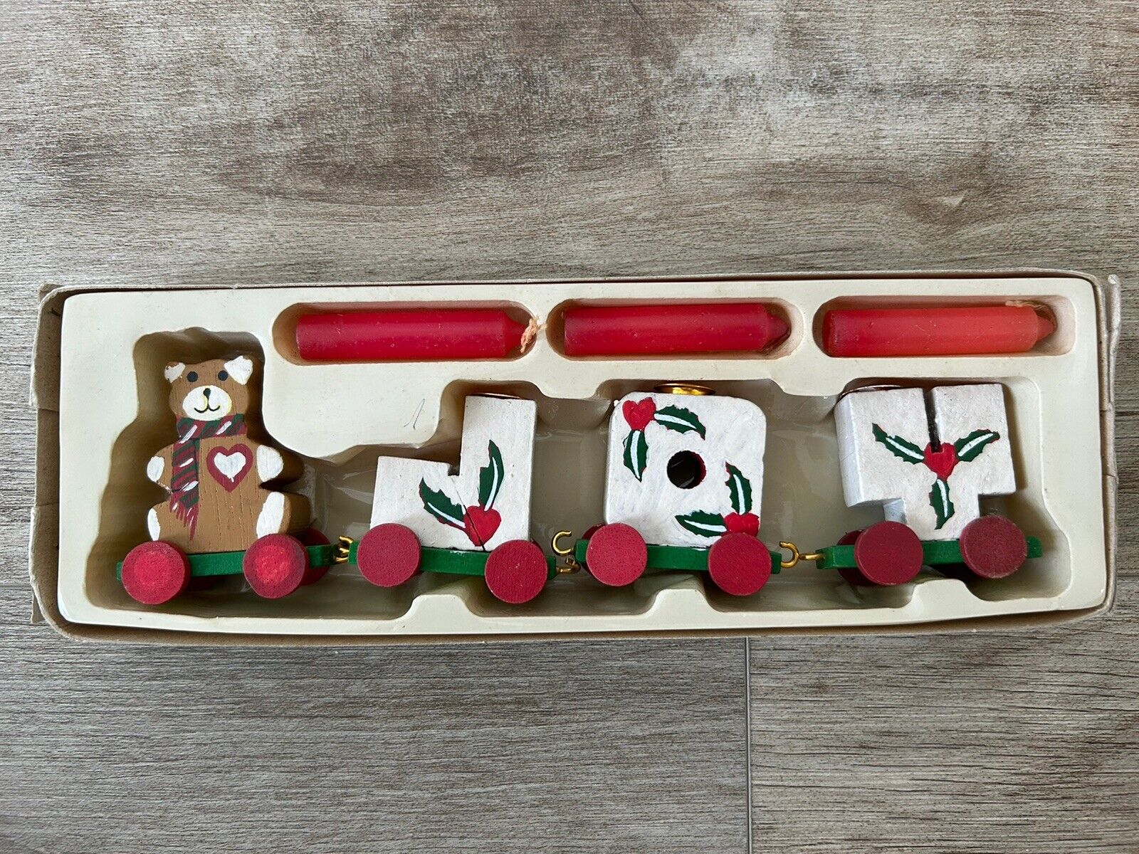New Vintage 80’s Christmas Wooden Joy Train Candle Set With Bear