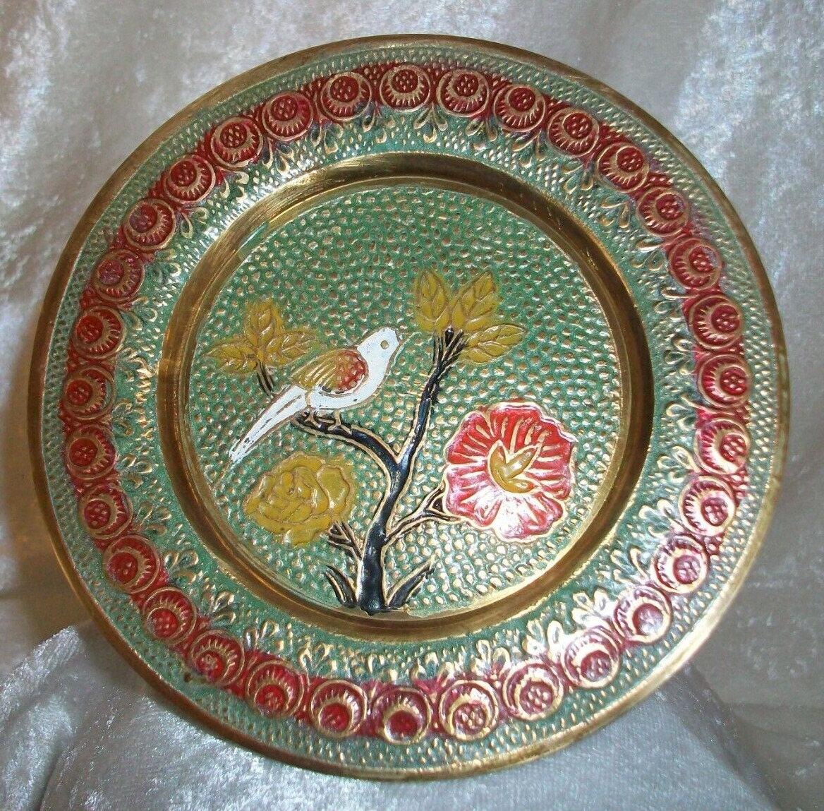 Small Vintage Round Hand Painted Enamel Brass White Dove Peace Bird Plate India