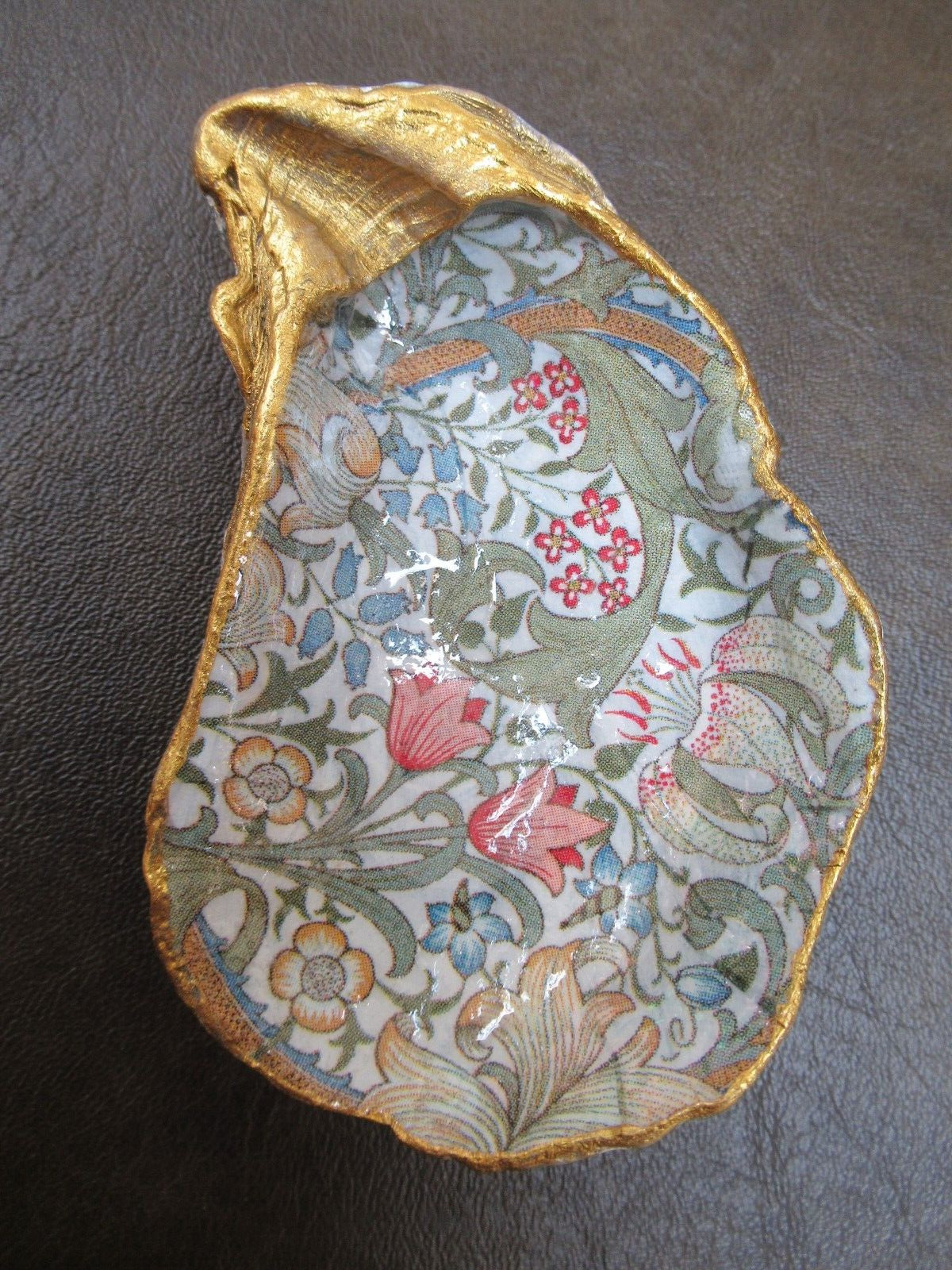  Oyster Shell Decoupaged with Golden Lilly    Trinket Holder or Natural Decor