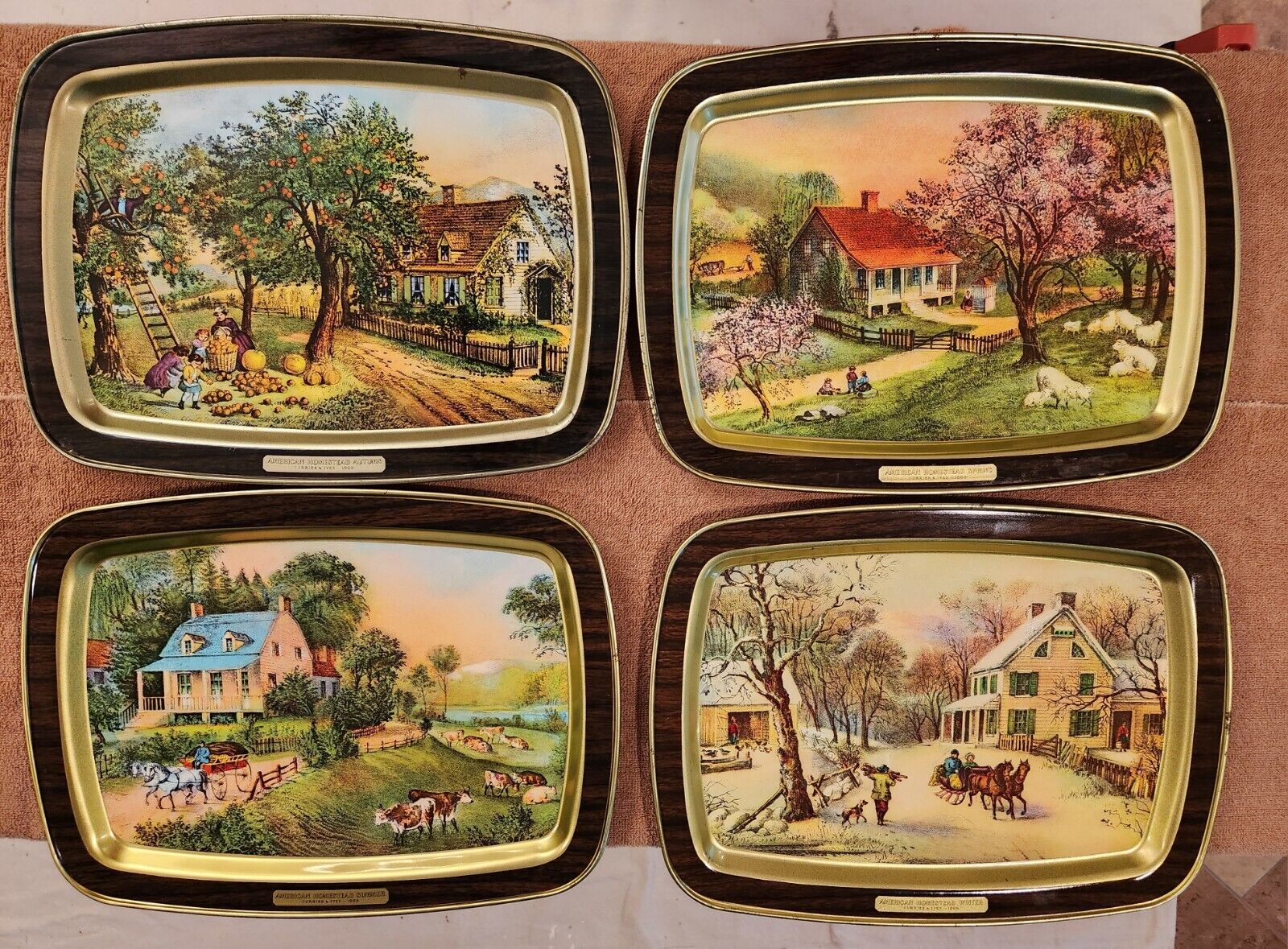 Currier and Ives Tin Trays American Homestead Seasons 1868 (Lot Of 4)