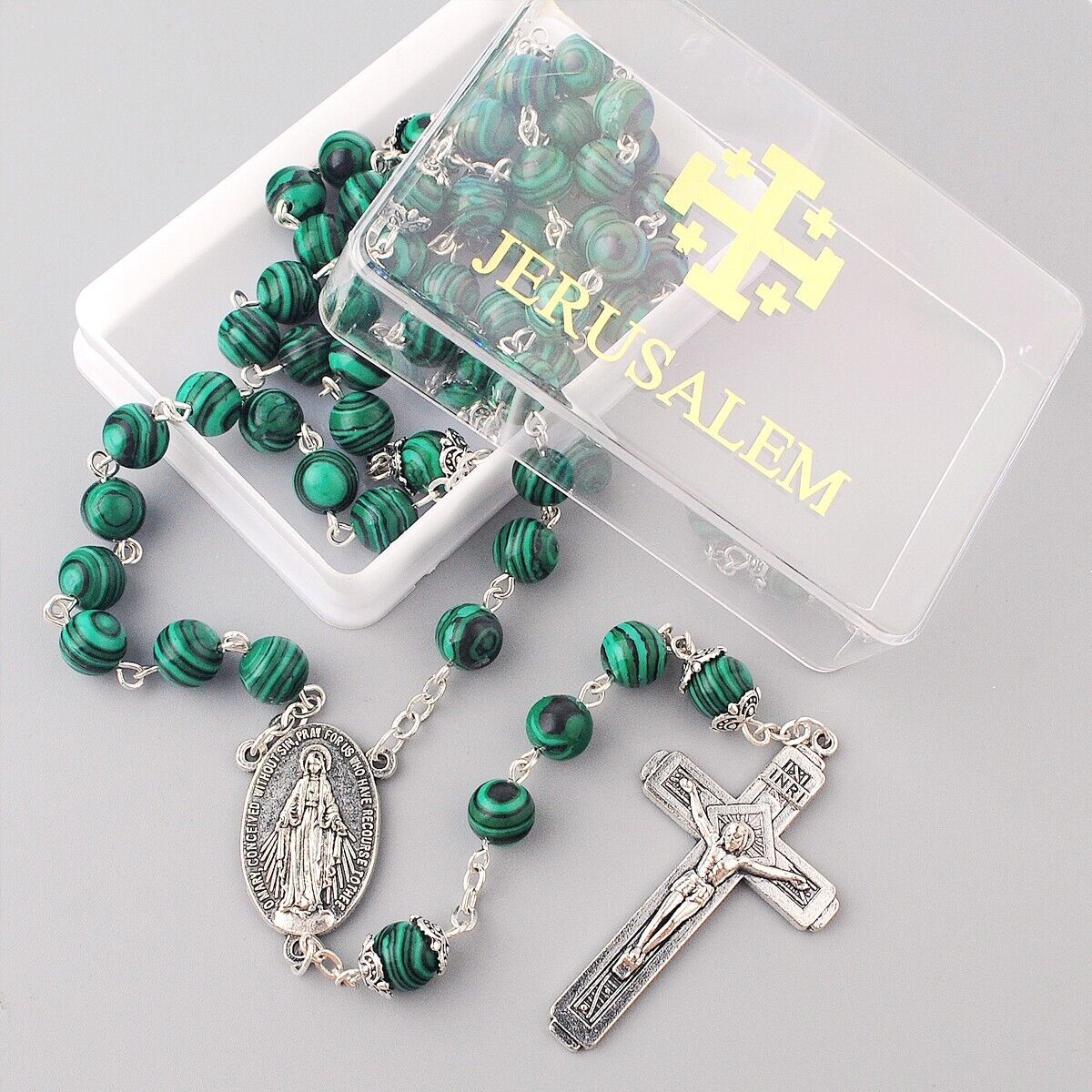 Catholic Jerusalem Rosary Necklace Malachite beads Miraculous Medal and Cross 