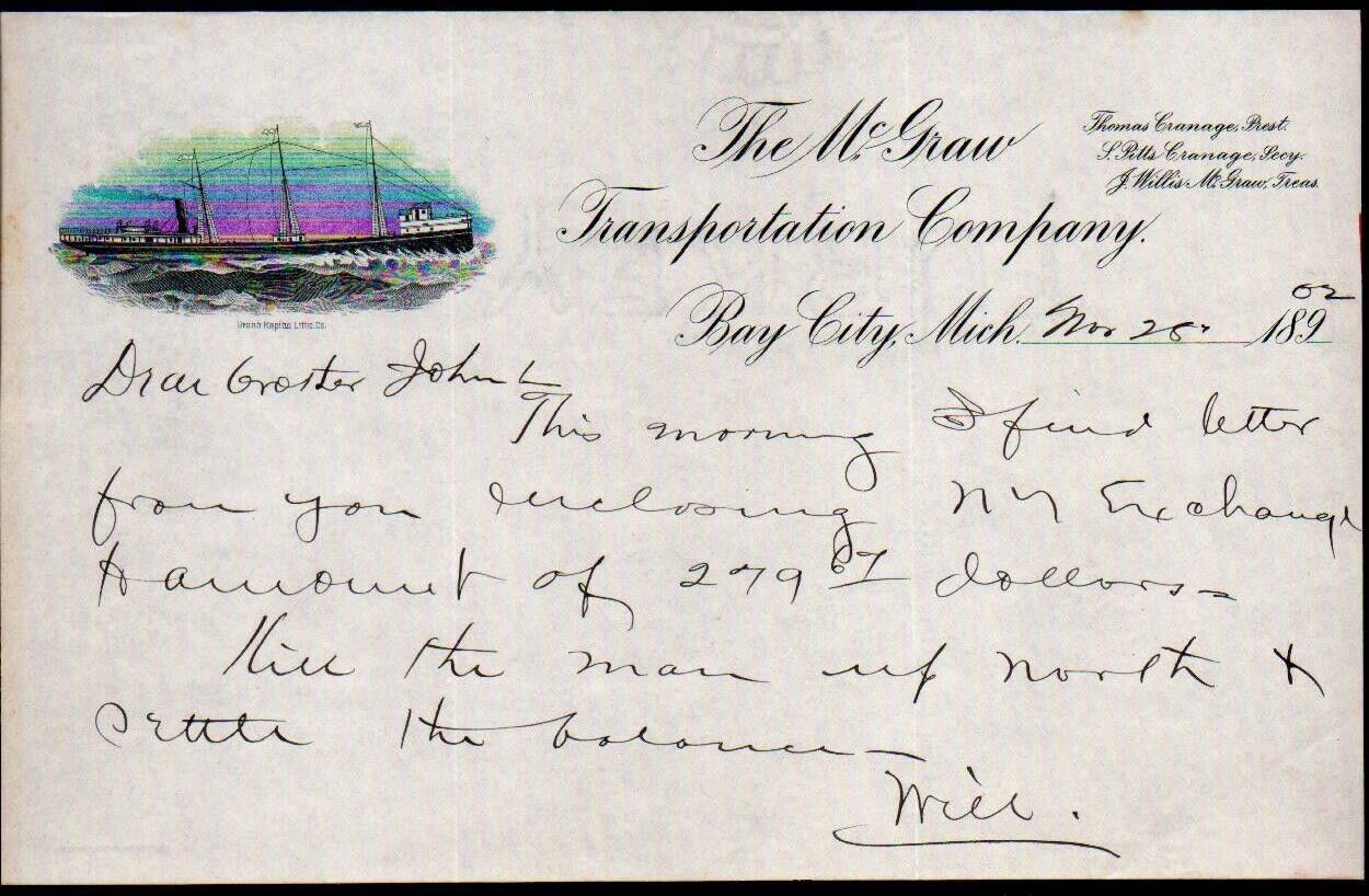 1902 Bay City Mi - McGraw Transportation Co - Thomas Cranage - Letter Head Bill