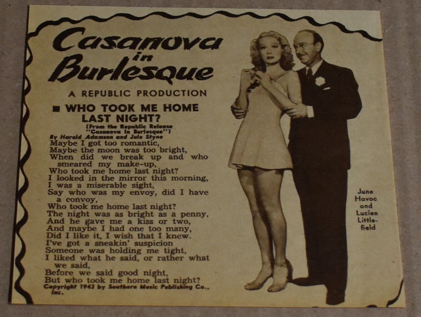 1944 Print Ad Casanova in Burlesque June Havoc Lucien Littlefield Pinup Art WWII