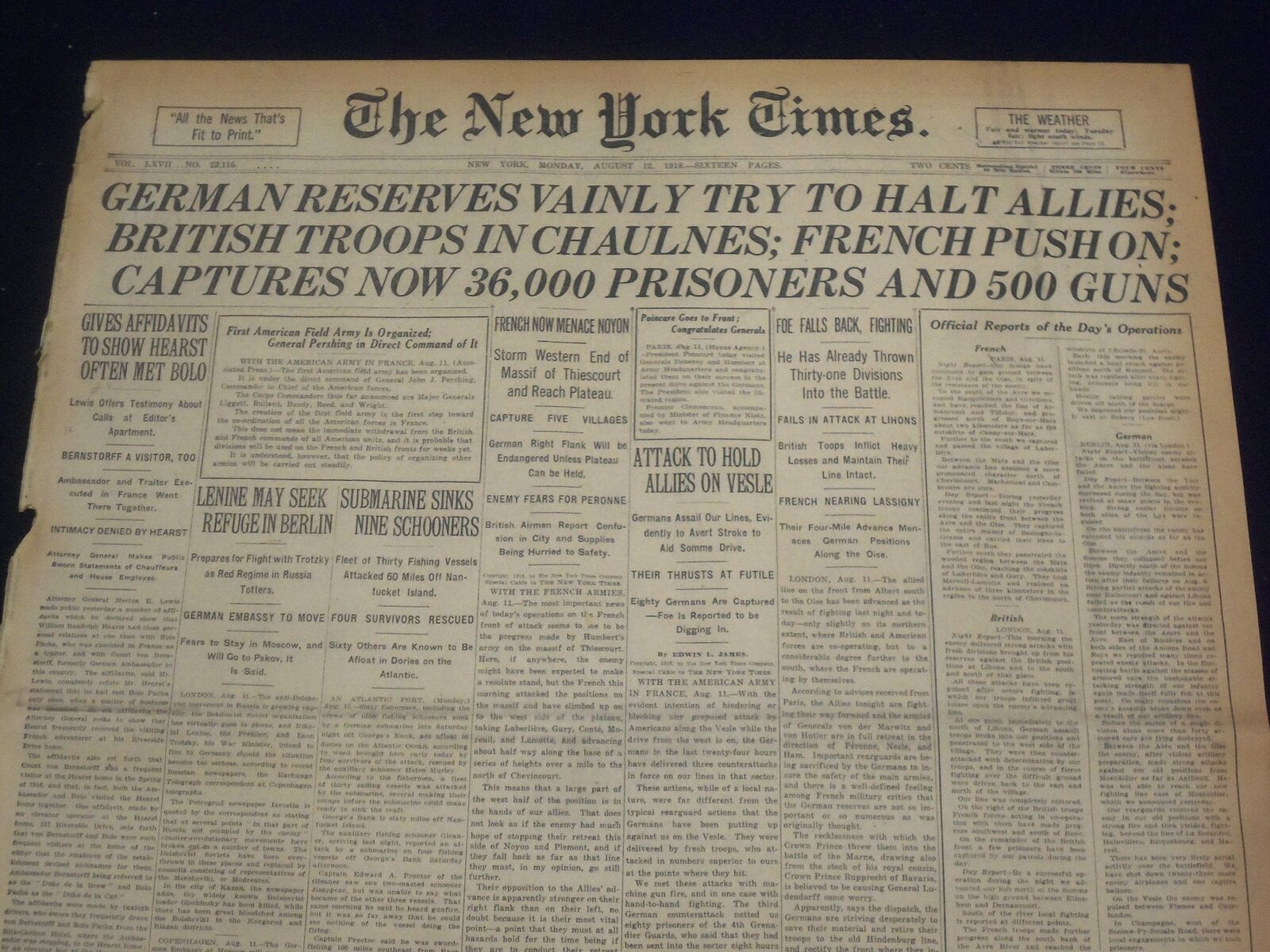 1918 AUGUST 12 NEW YORK TIMES - GERMANS VAINLY TRY TO HALT ALLIES - NT 9192