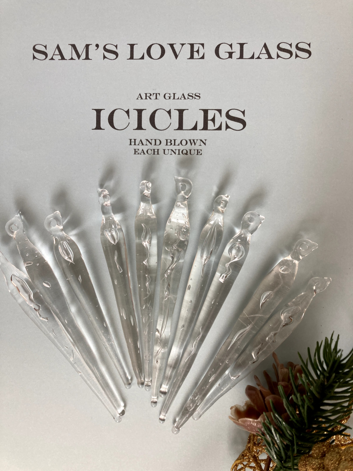 Glass ICICLE Christmas Tree Ornaments Hand Made  Blown Unique Set 10 NEW w Box
