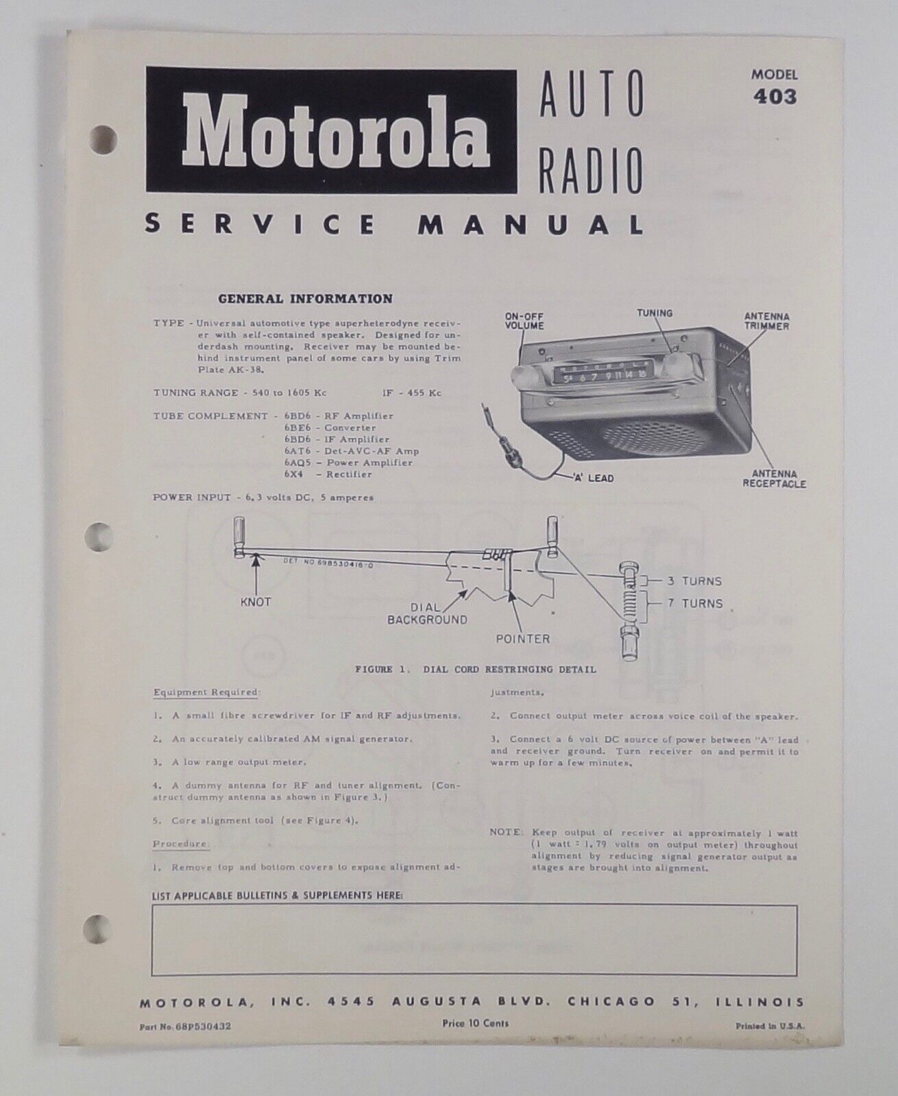 1950s MOTOROLA AUTO RADIO SERVICE MANUAL model 403 installation & repair