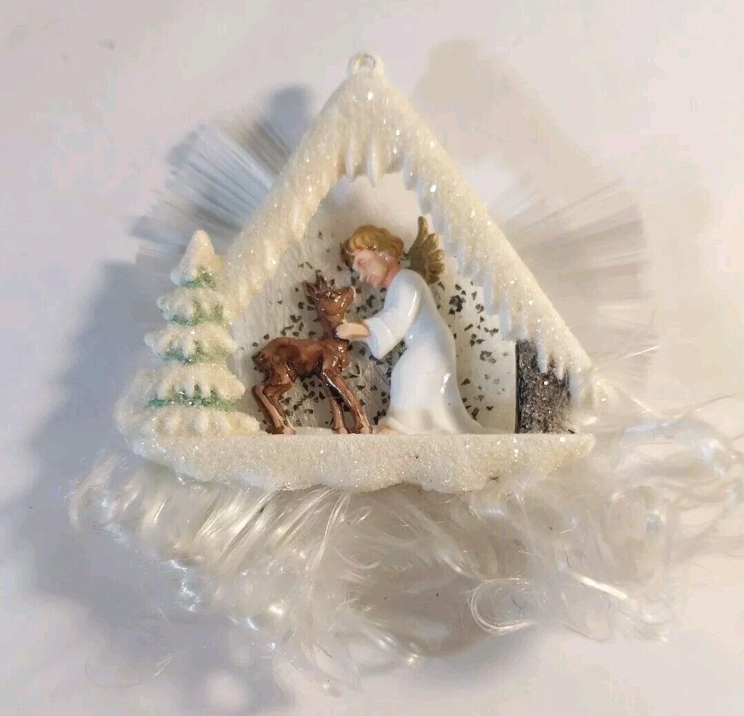 Vtg Angel & Deer West Germany Christmas Ges Gesch Creche Diorama Cotton Mica MCM