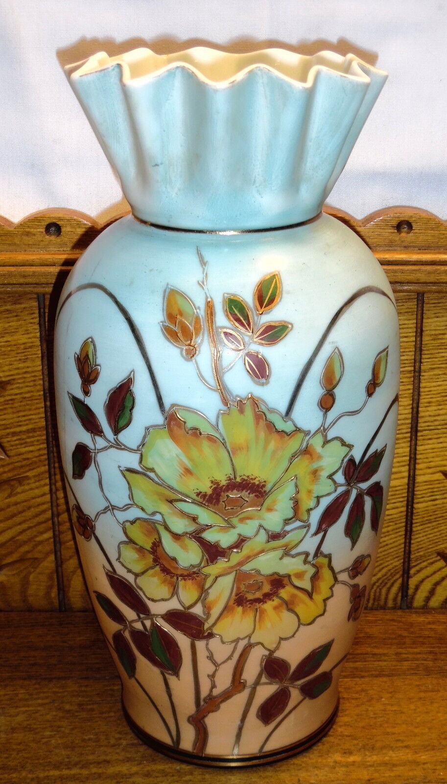 Antique Hand Painted Floral Bristol Glass Vase - 12 1/2\