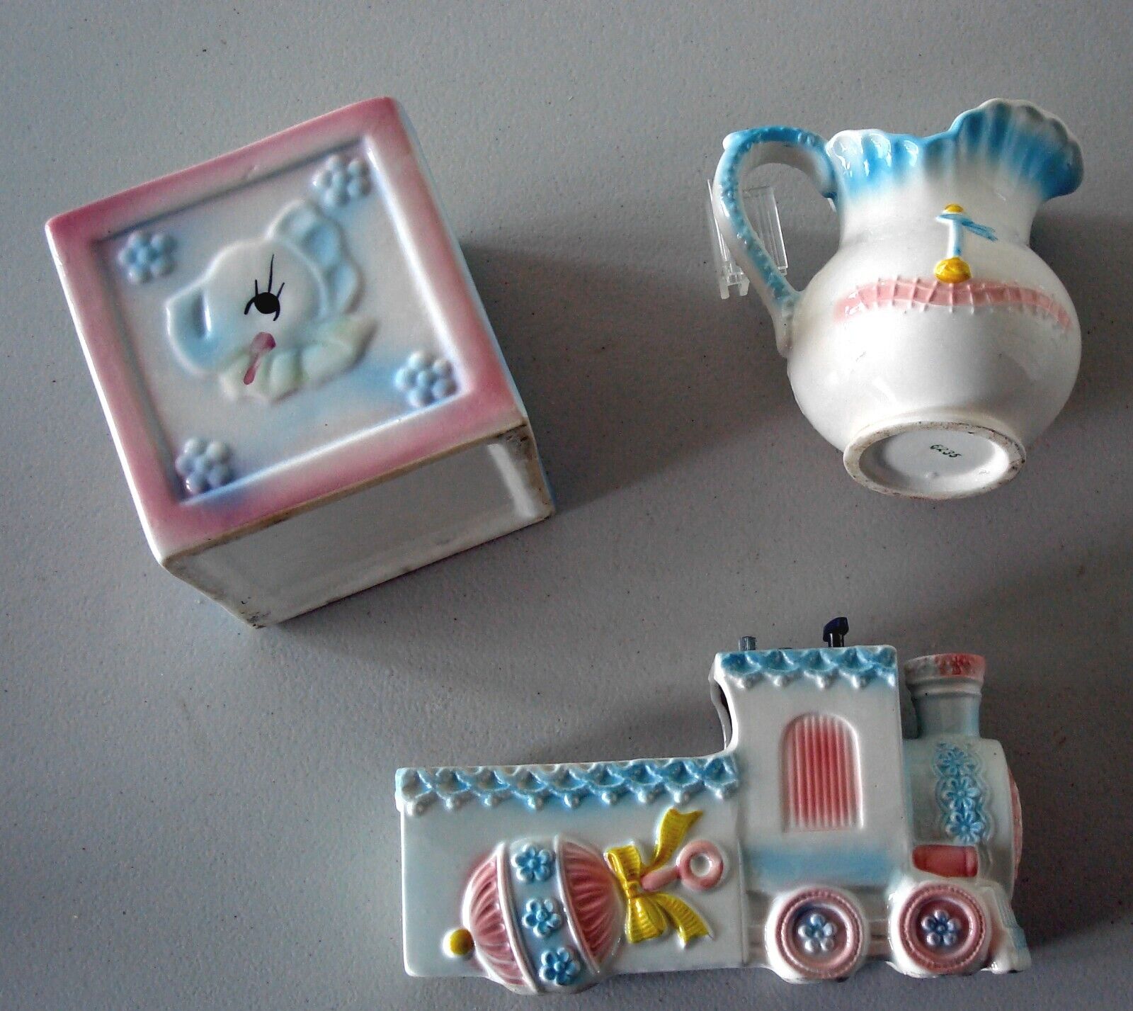 3 Pieces Vintage Japan Train Baby nursery music box planter plus block pitcher