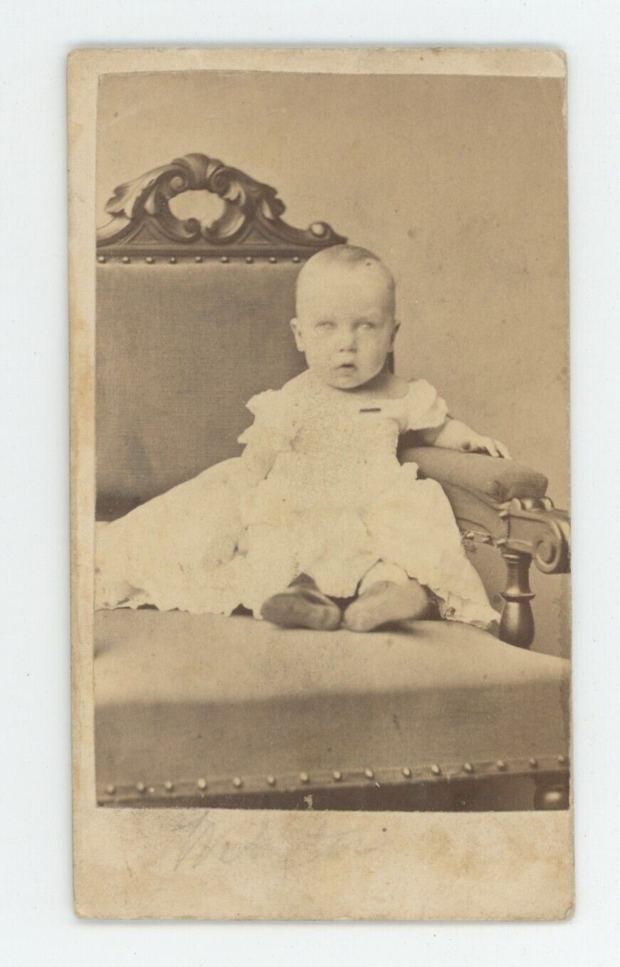 Antique CDV Circa 1870s Adorable Beautiful Little Baby in Dress Sitting on Chair