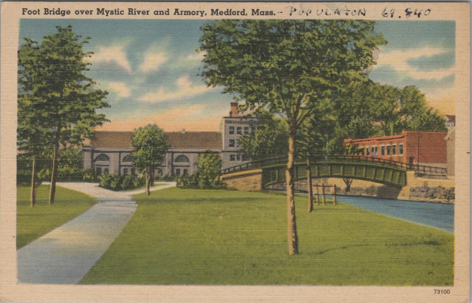 c1940s Armory Foot Bridge Mystic River Medford Massachusetts linen E591
