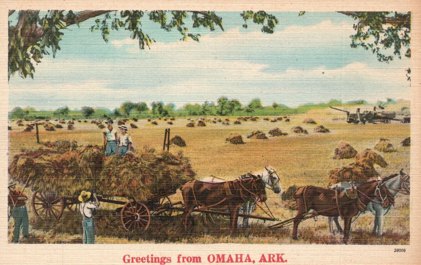 Vintage Postcard 1920\'s Harvesting Hay Cape Horse Cart Greetings Omaha Arkansas