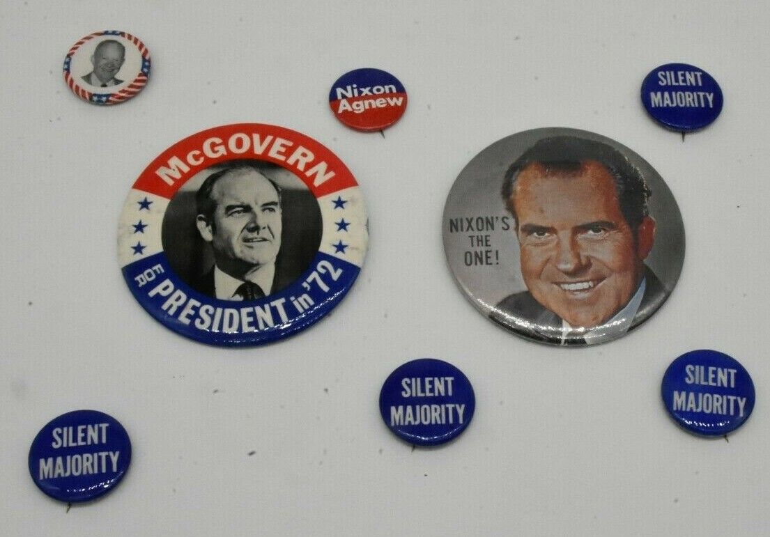 Lot Of 8 Vintage Political Campaign Buttons Nixon McGovern Agnew Silent Majority