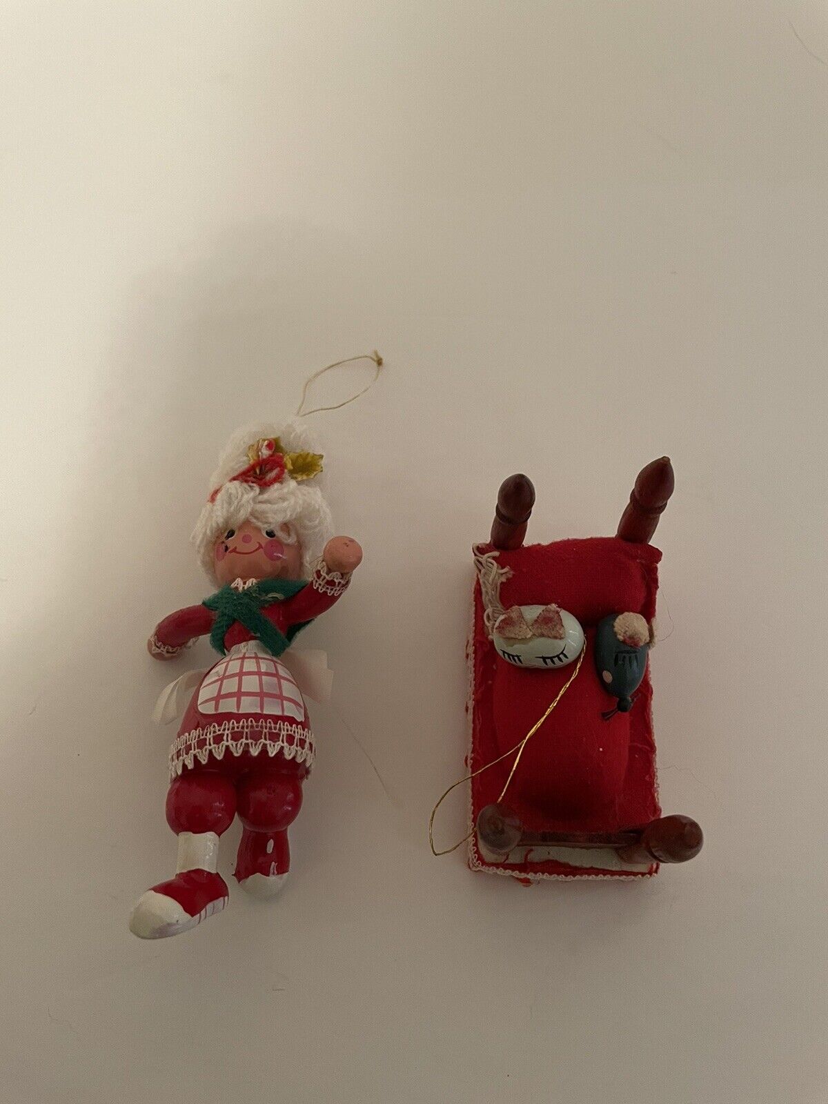 SET OF 2 1970’S KURT S ADLER WOOD CHRISTMAS ORNAMENTS MRS CLAUS AND CAT & MOUSE