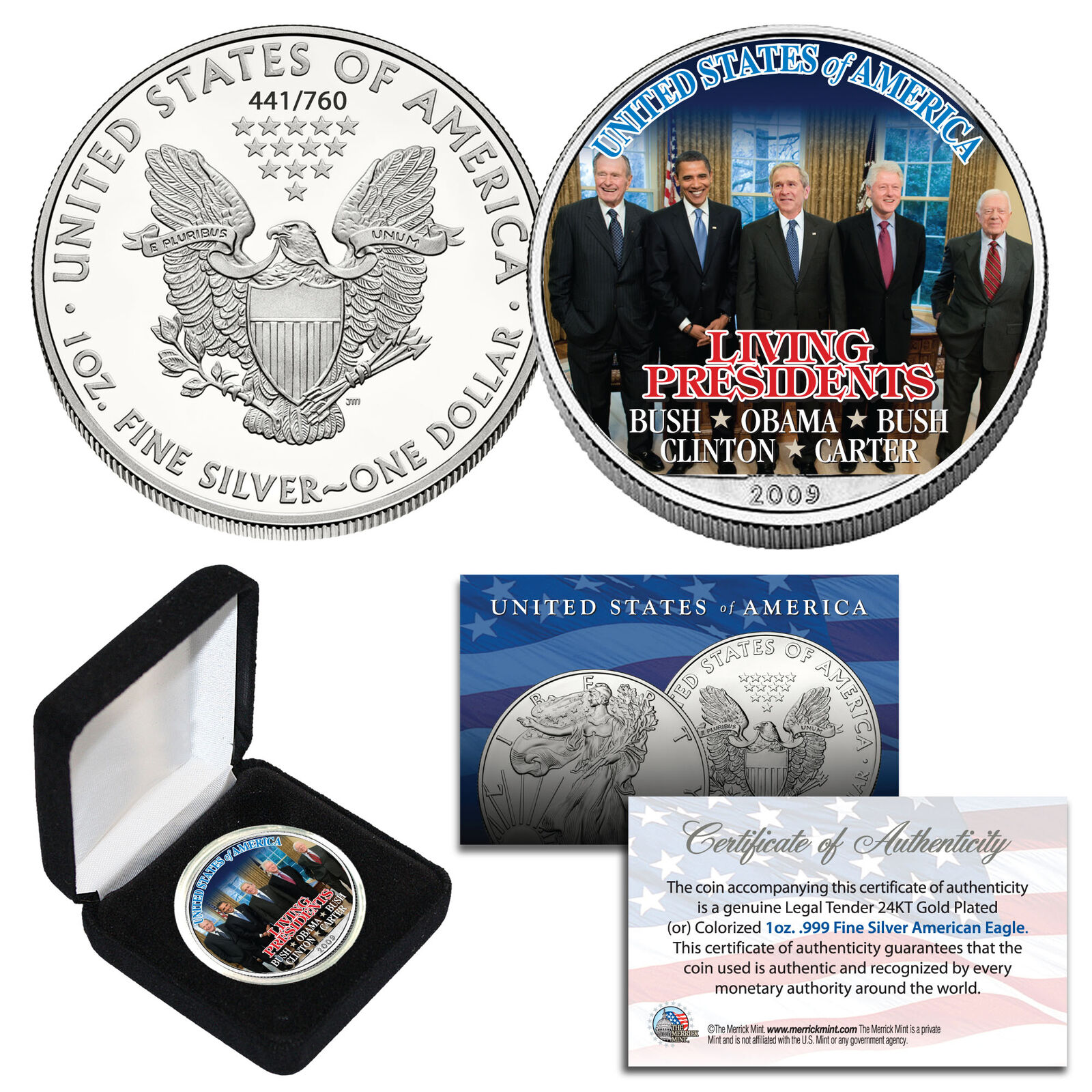LIVING PRESIDENTS 2009 American Silver Eagle Coin 1 oz BUSH CLINTON Jimmy CARTER