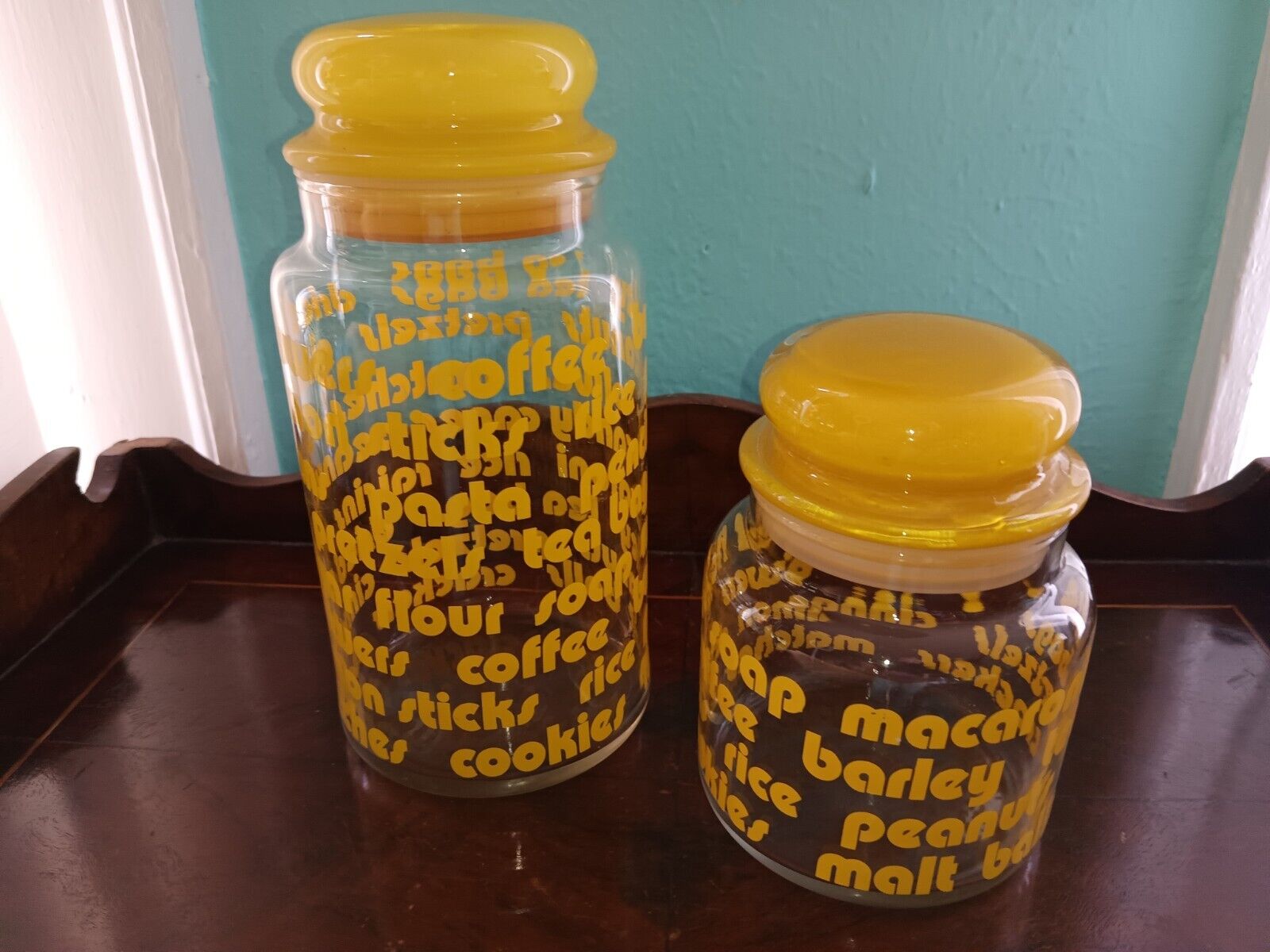 Vintage 1970s Typographic Words Glass Kitchen Canister Set Lemon Sunshine Yellow