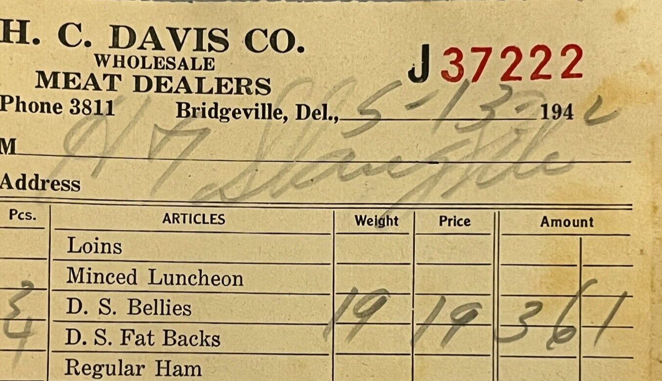 Vintage Billhead Bridgeville Delaware H.C. Davis Meat Dealer Butcher 1942